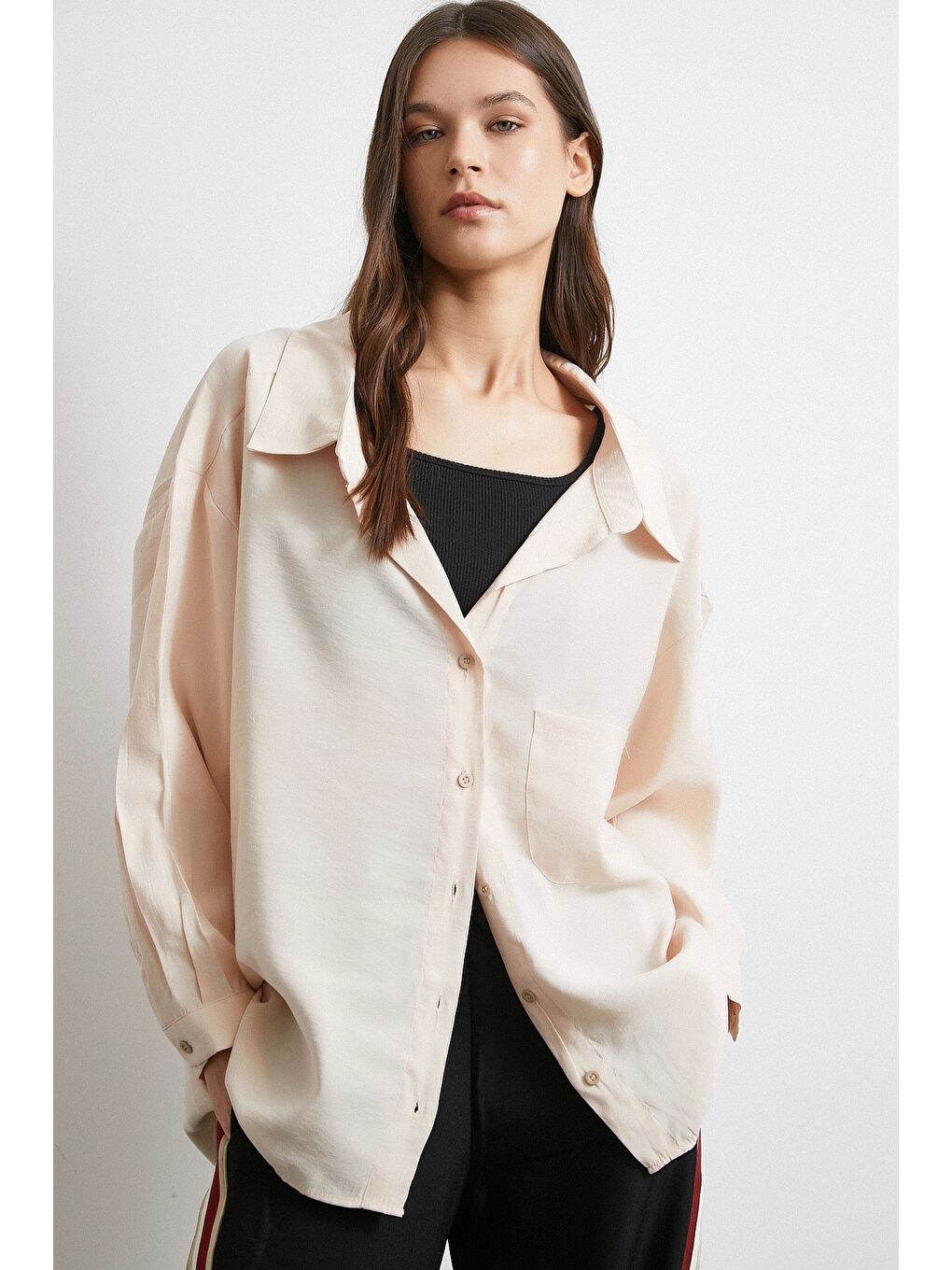 Oversize Cepli Modal Gömlek Bej-1