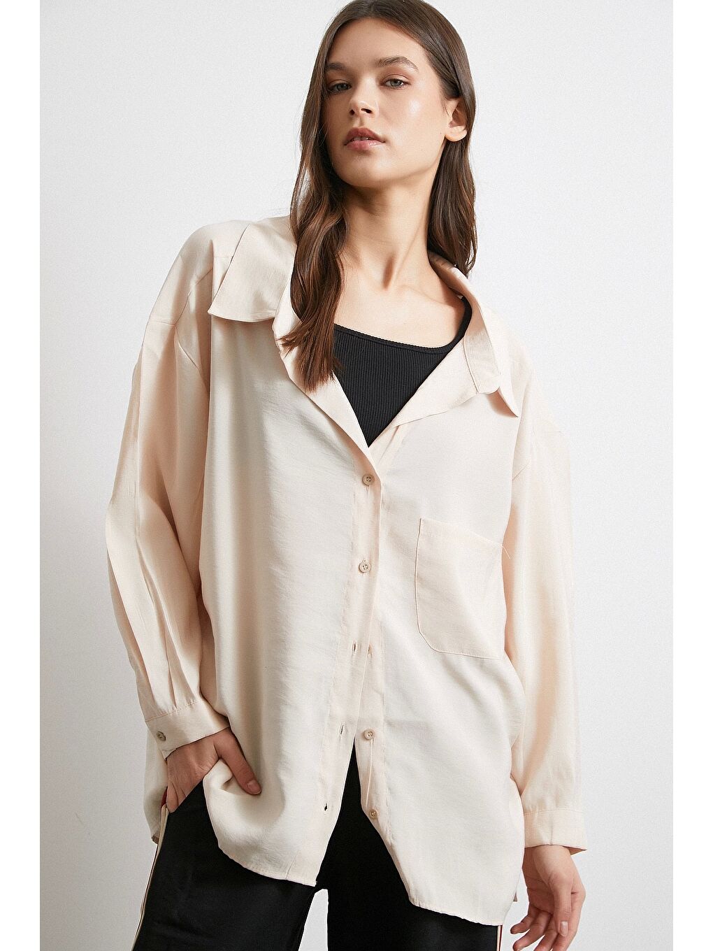 Oversize Cepli Modal Gömlek Bej-2