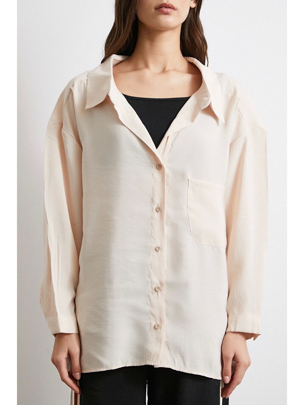 Oversize Cepli Modal Gömlek Bej-3