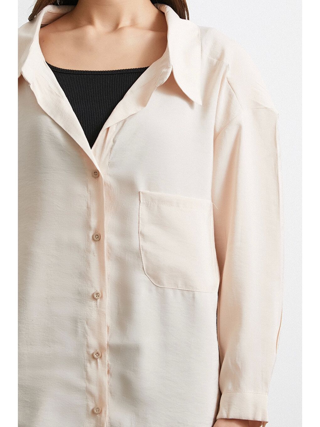 Oversize Cepli Modal Gömlek Bej-4