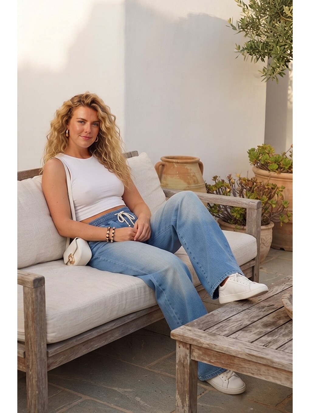 İndigo İtalyan Jean Mavisi Elastanlı Lastikli Bel Geniş Paça Casual Standart Denim Pantolon 110 63-4