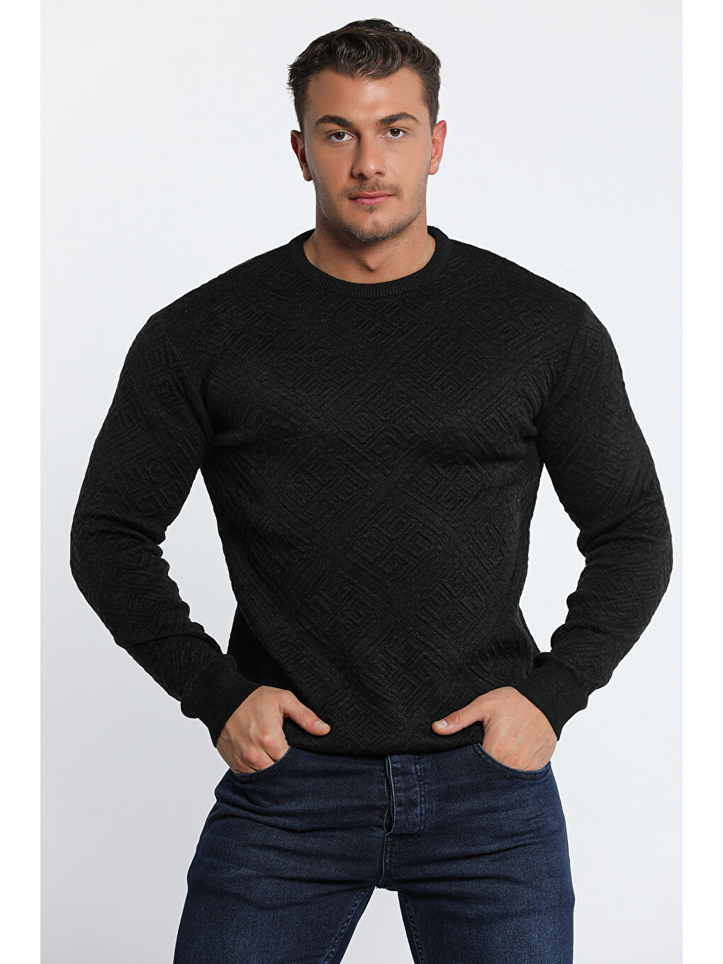 Antrasit Erkek Bisiklet Yaka Desenli Triko Kazak