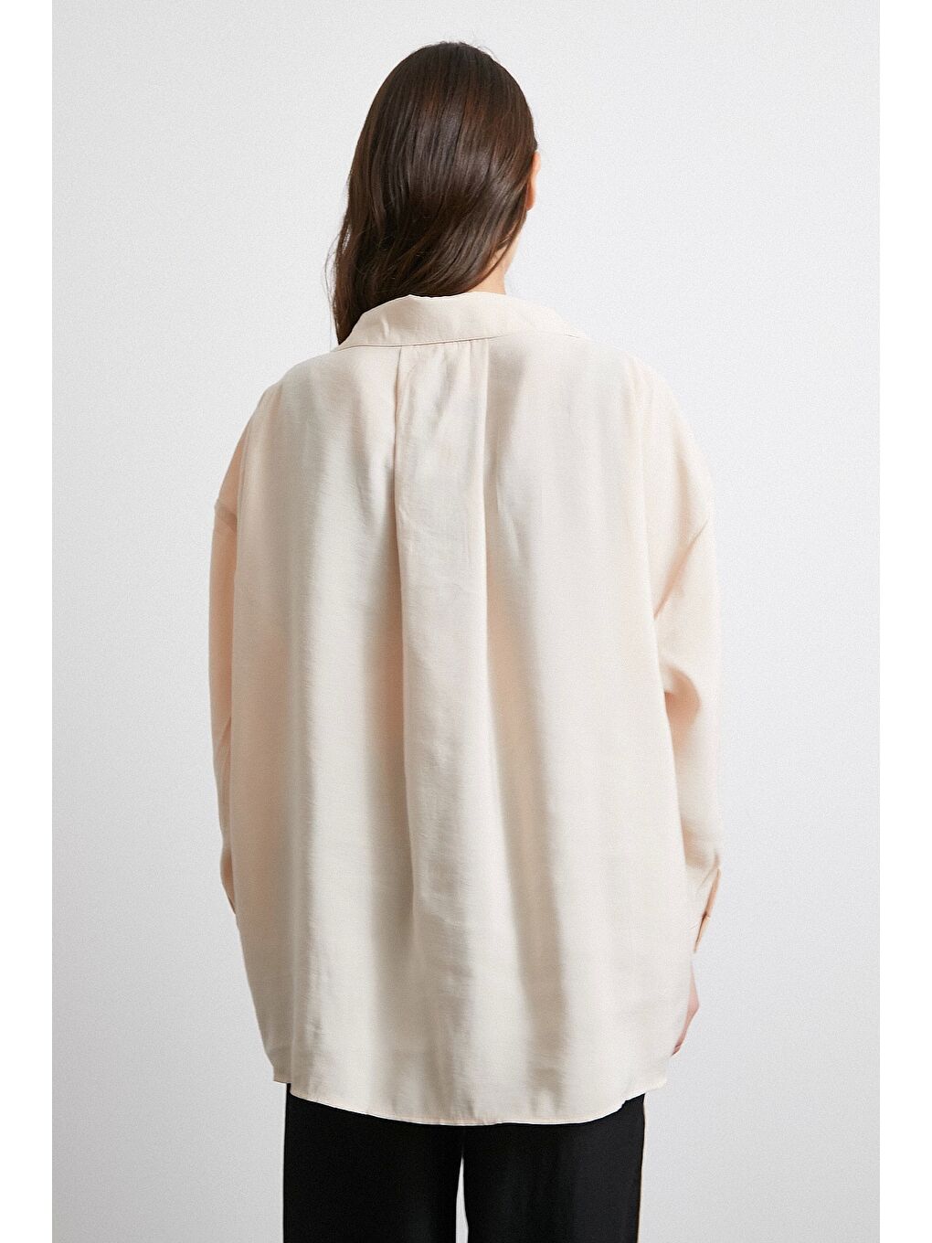 Oversize Cepli Modal Gömlek Bej-5