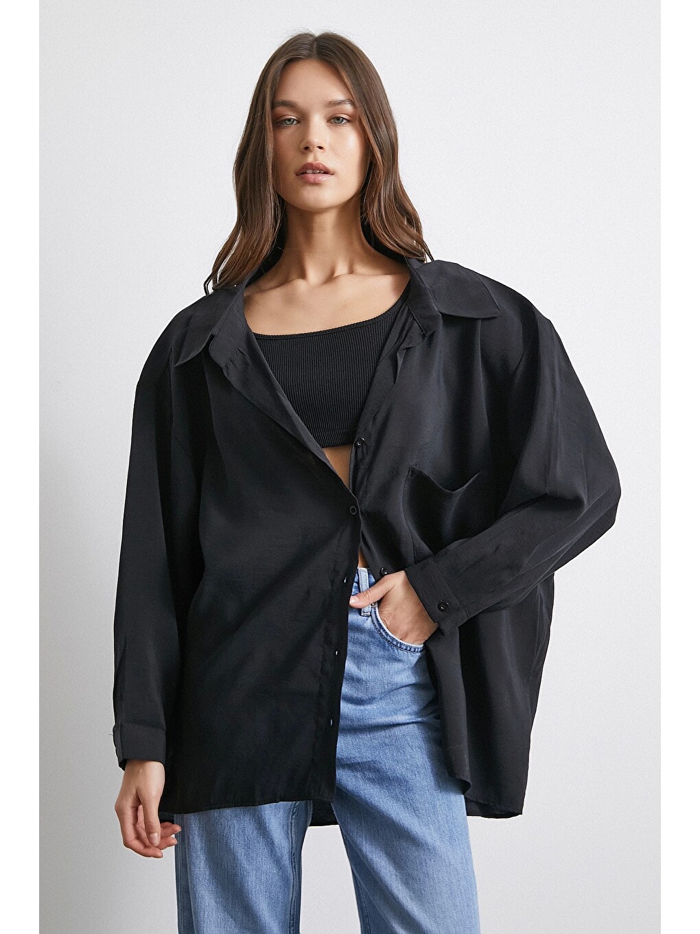 Oversize Cepli Modal Gömlek Siyah