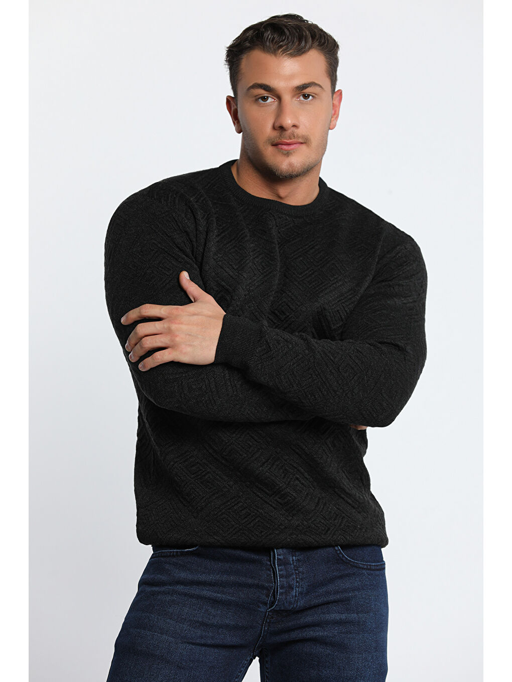 Antrasit Erkek Bisiklet Yaka Desenli Triko Kazak-1