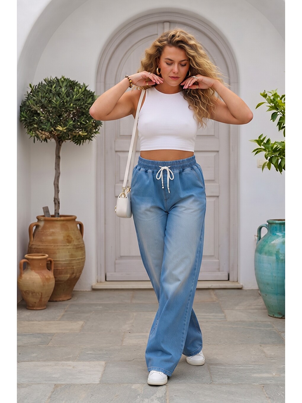 İndigo İtalyan Jean Mavisi Elastanlı Lastikli Bel Geniş Paça Casual Standart Denim Pantolon 110 63-5