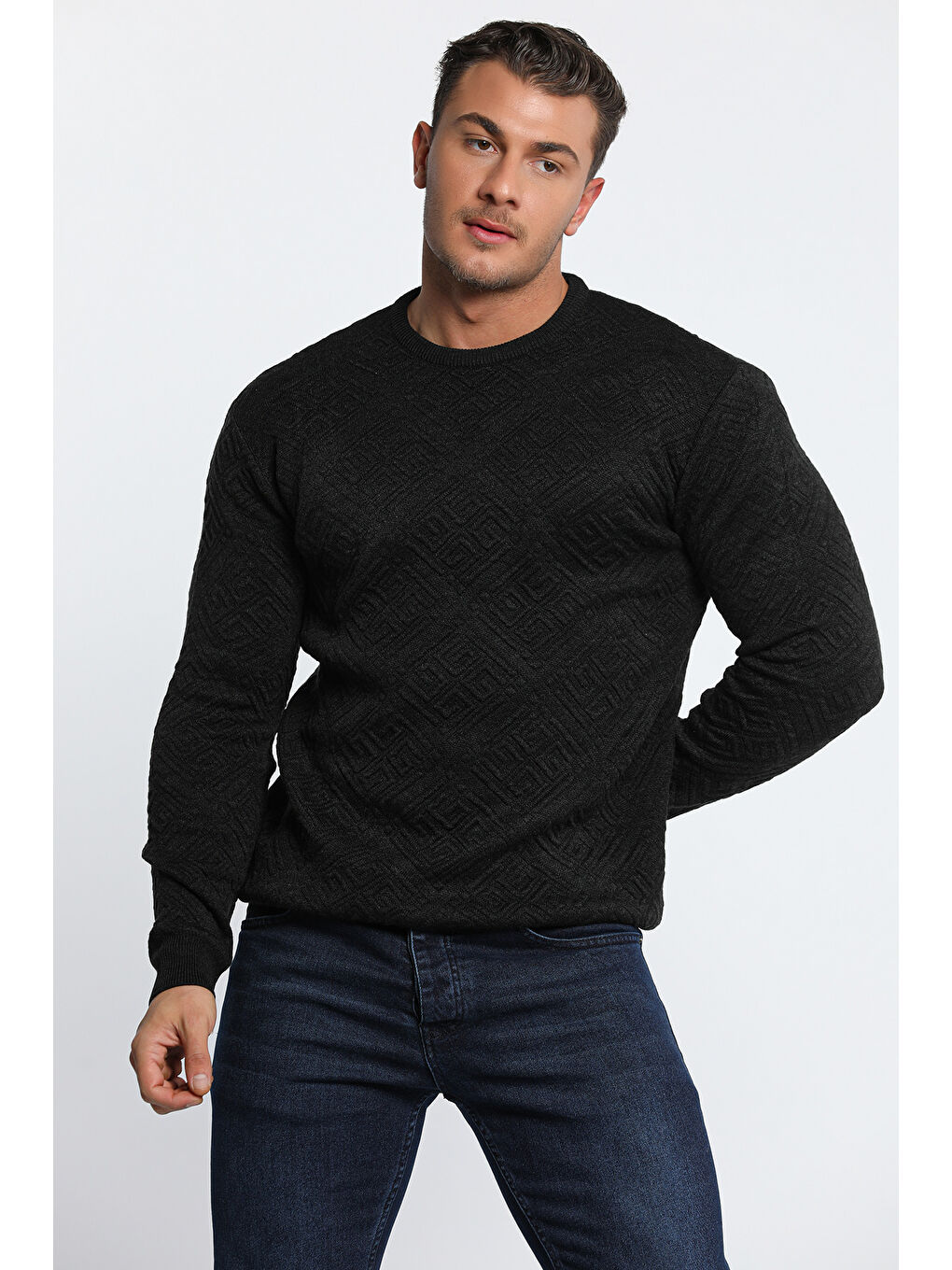 Antrasit Erkek Bisiklet Yaka Desenli Triko Kazak-2