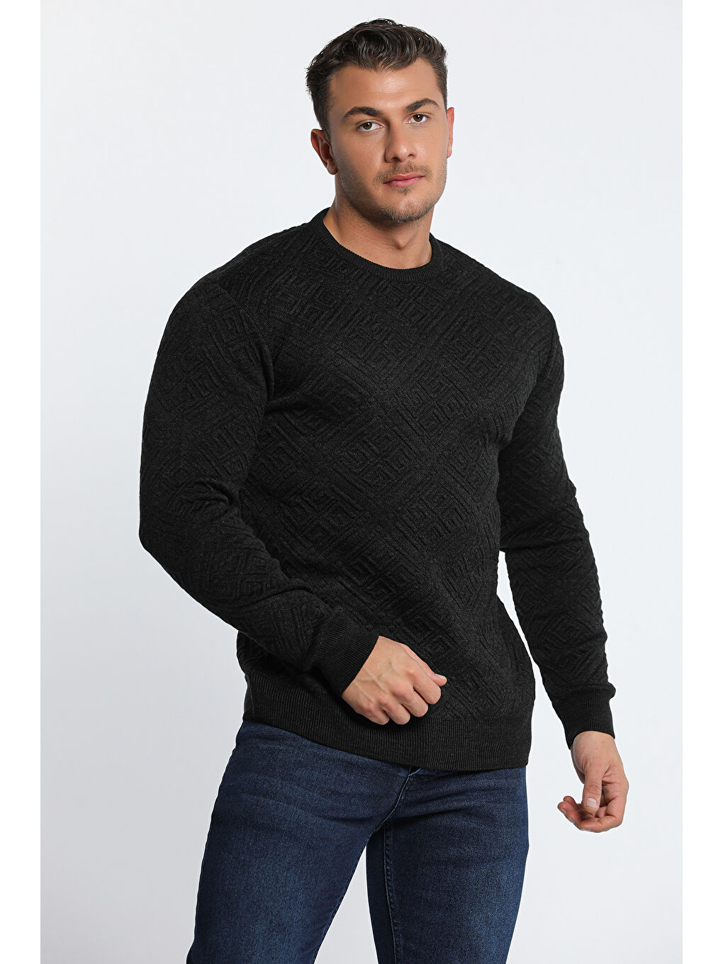 Antrasit Erkek Bisiklet Yaka Desenli Triko Kazak-3