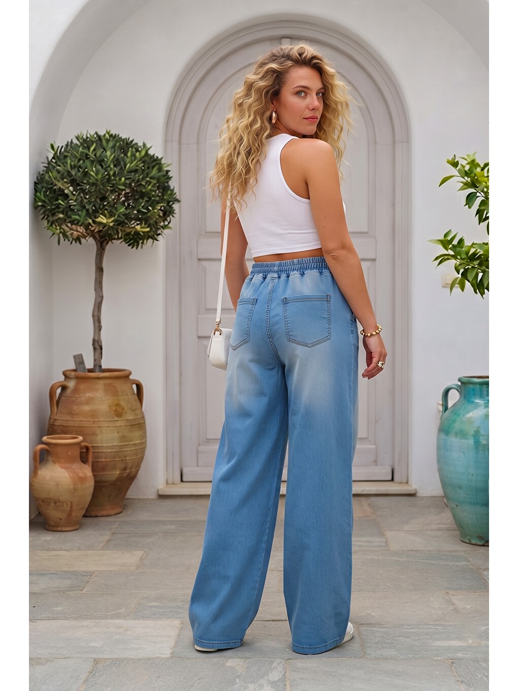 İndigo İtalyan Jean Mavisi Elastanlı Lastikli Bel Geniş Paça Casual Standart Denim Pantolon 110 63-6