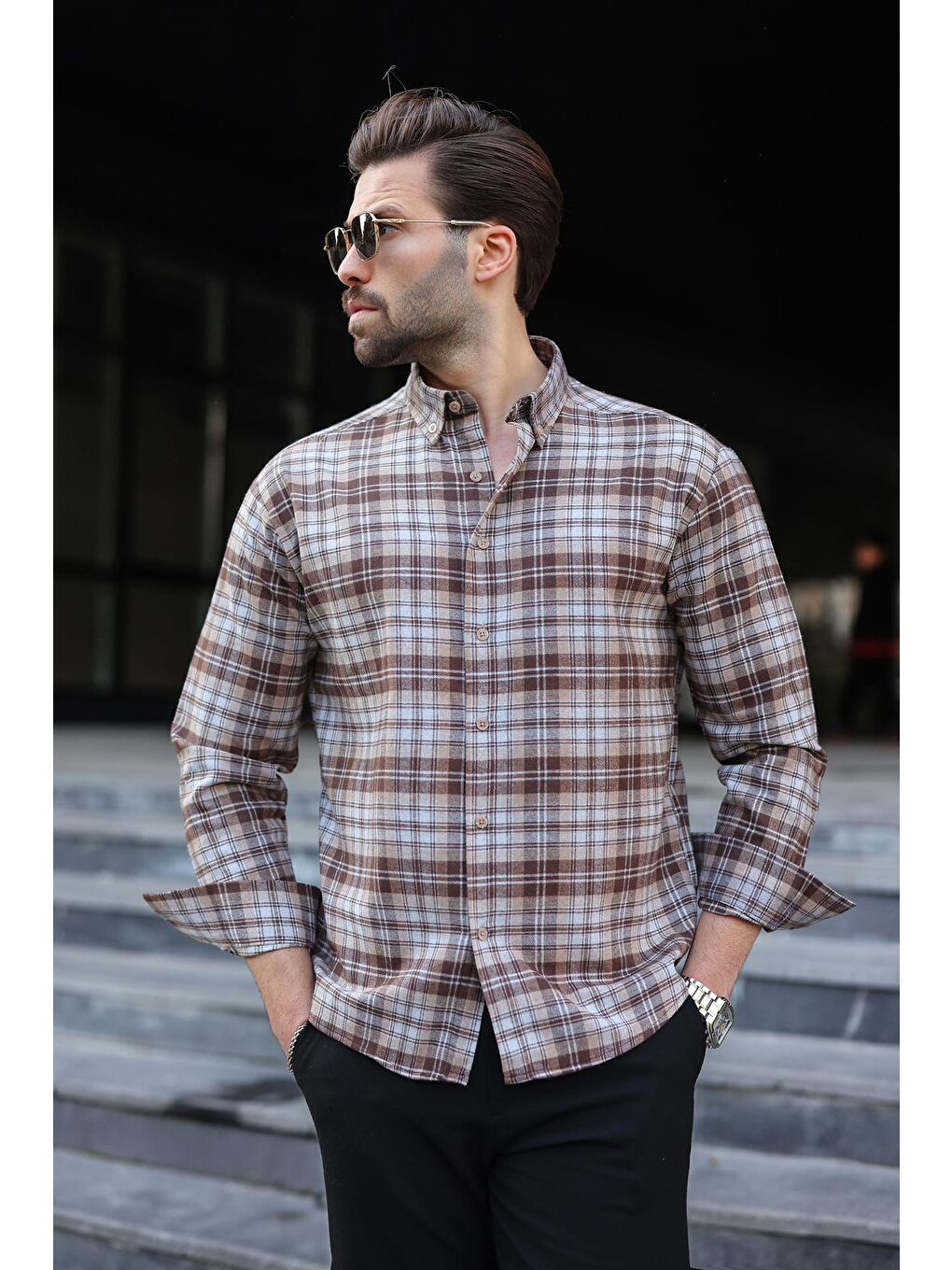 Kahverengi Camel Düğmeli Ekose Desenli Erkek Gömlek E6768-1