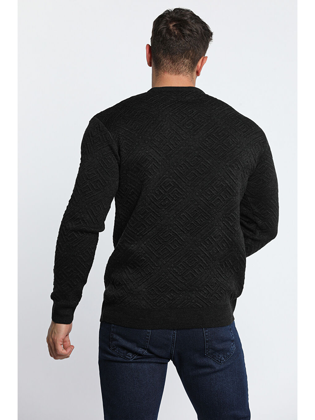 Antrasit Erkek Bisiklet Yaka Desenli Triko Kazak-4