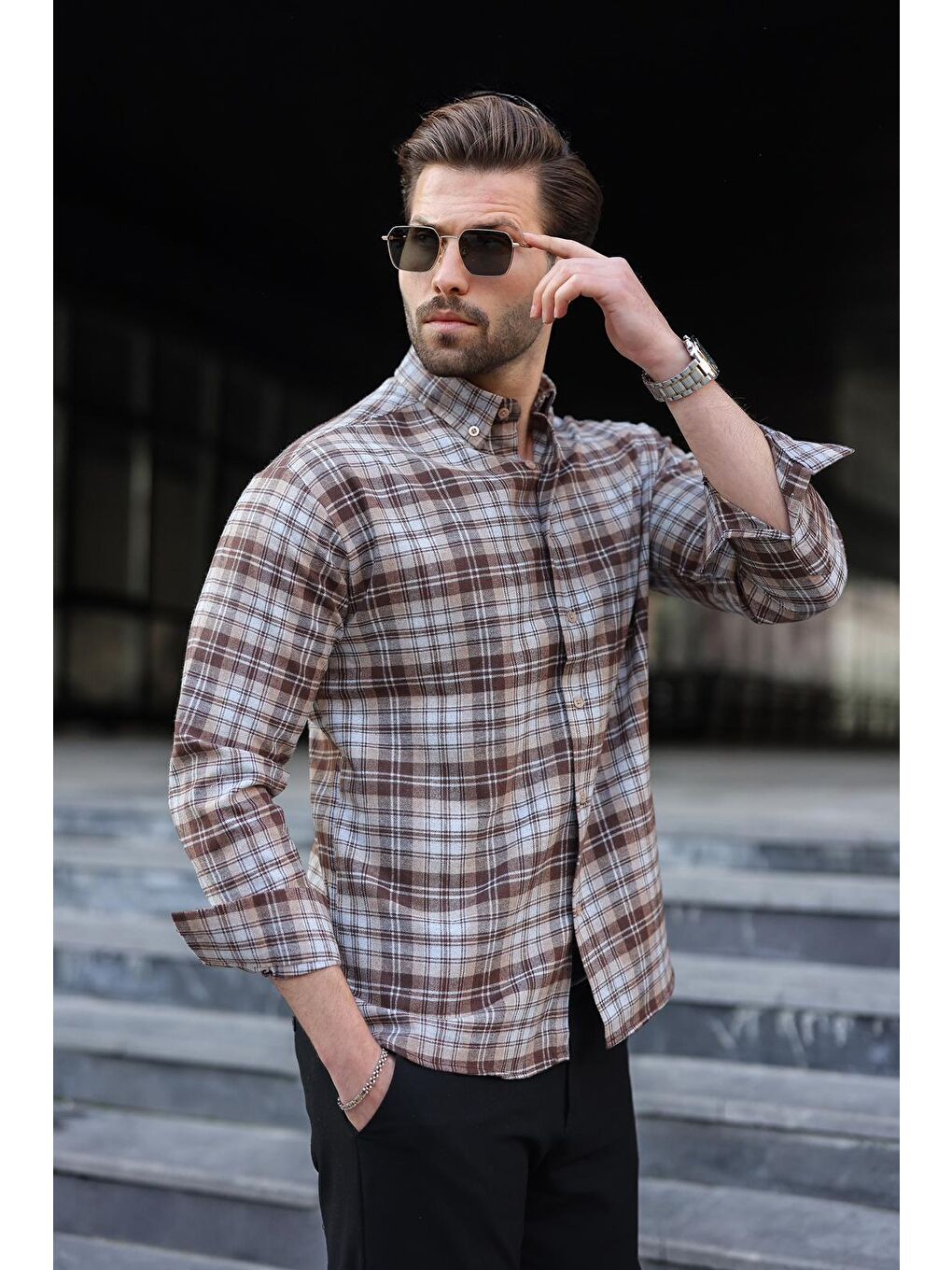 Kahverengi Camel Düğmeli Ekose Desenli Erkek Gömlek E6768-2