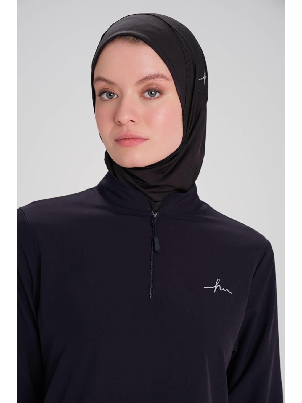 Active Uzun Kollu Yakası Fermuarlı Lacivert Tesettür Antrenman Tişörtü Act-9-2