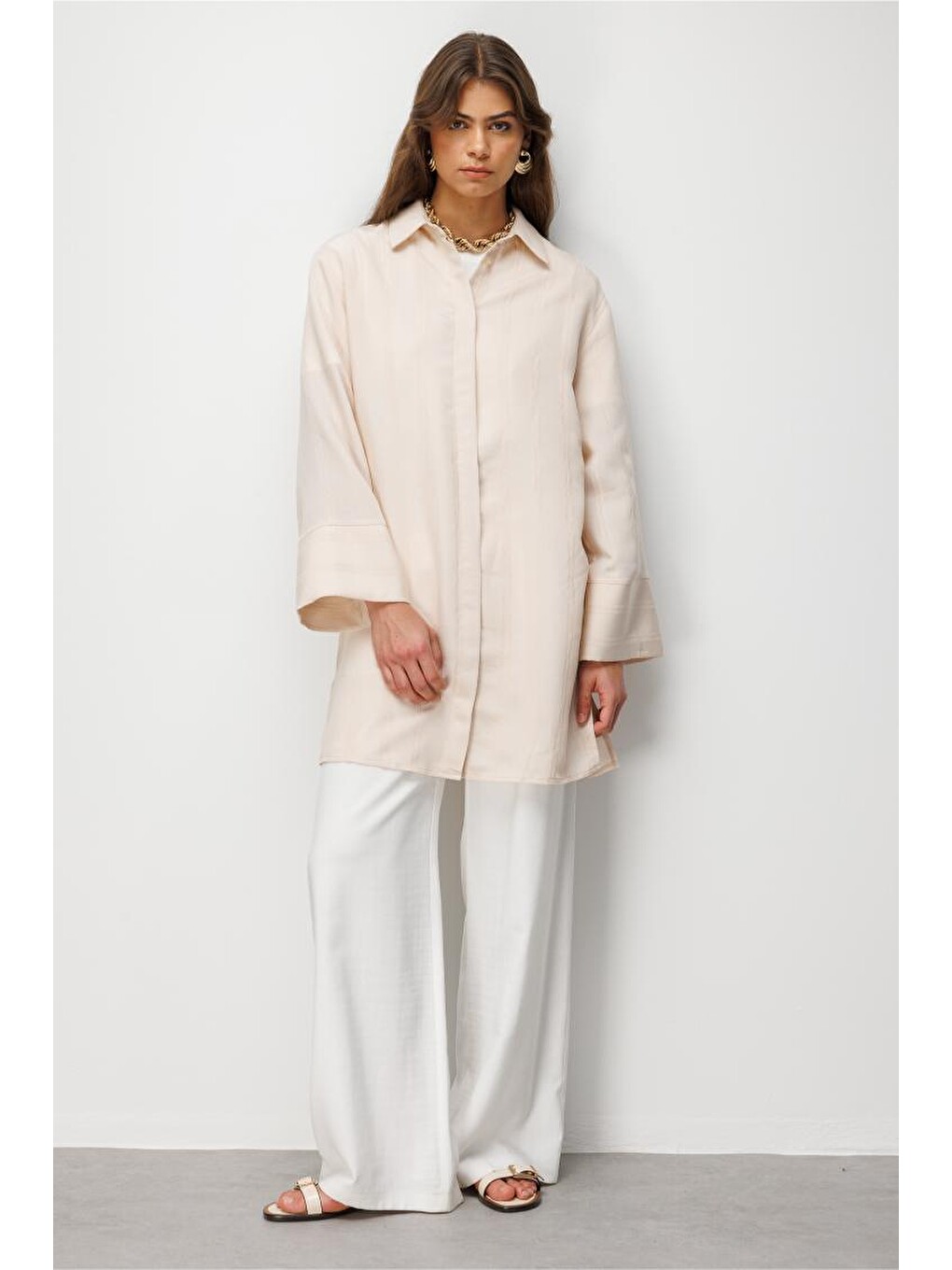 Bej Armürlü Modern Kesim Uzun Taş Rengi Tunik-3