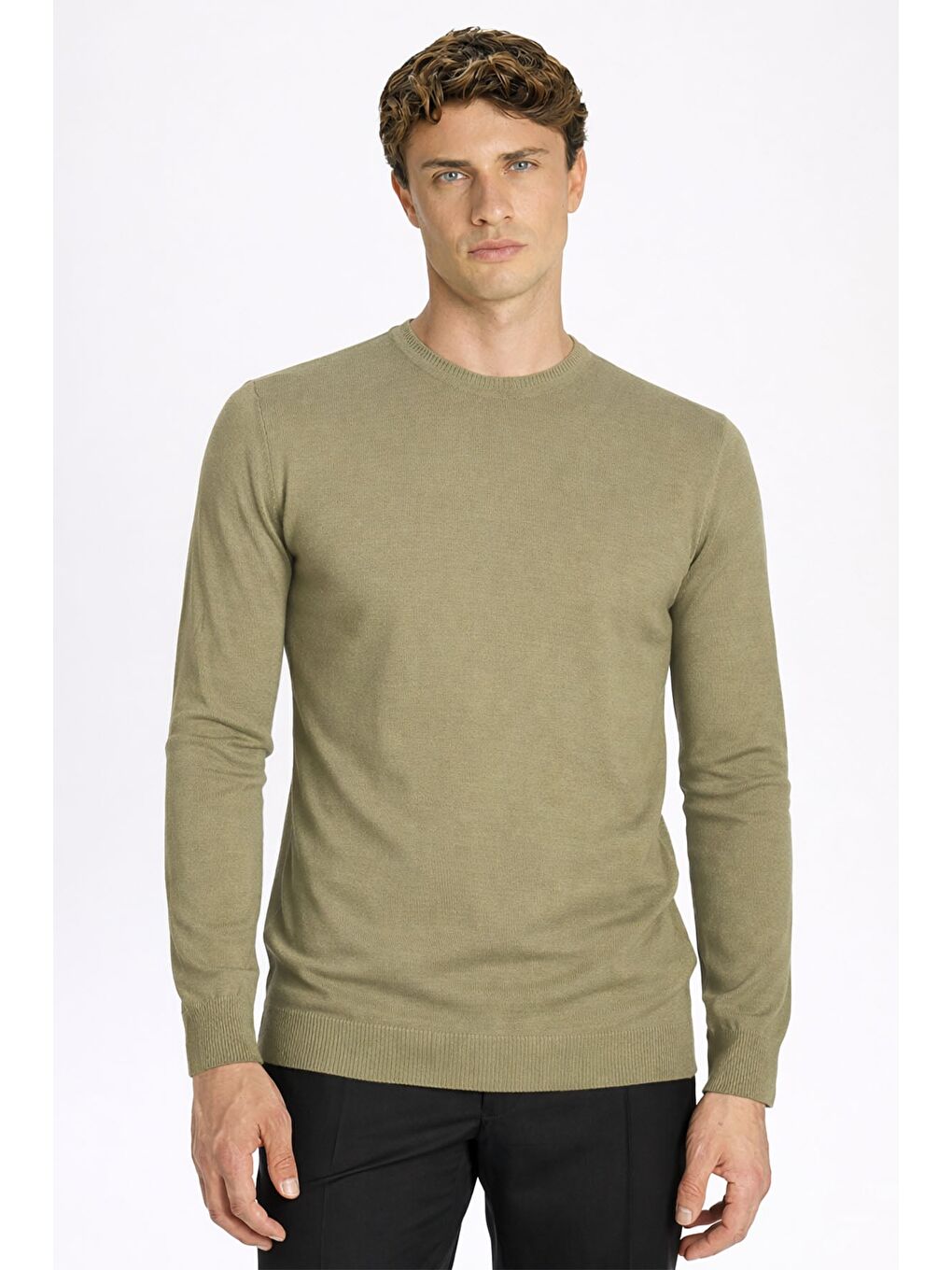 Standart Fit Açık Haki Yün Karışımlı Bisiklet Yaka Düz Desen Uzun Kol Triko Kazak