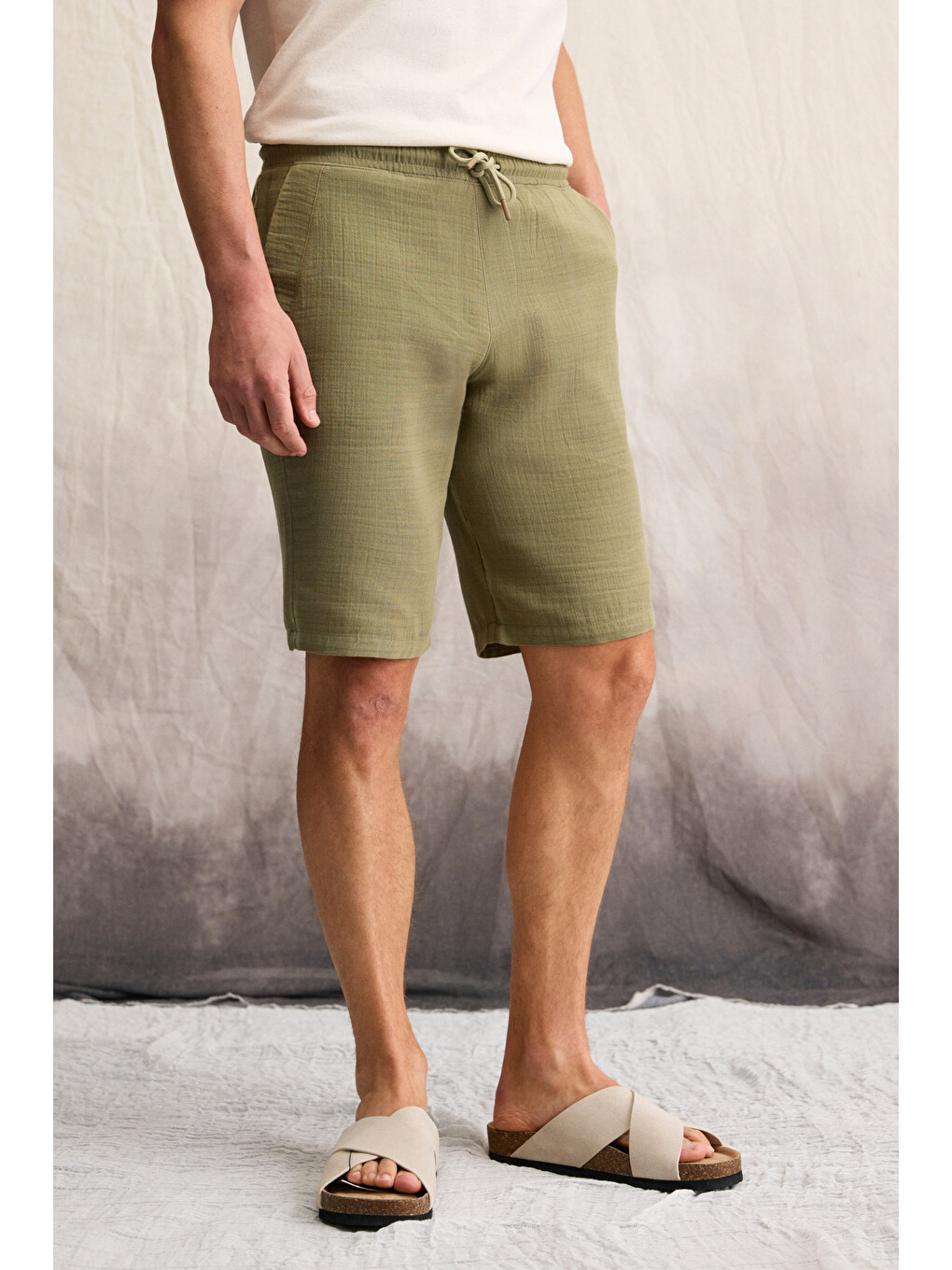 Haki JENS Erkek %100 Pamuk Yanları Cepli Slim Fit Dar Kesim HAKİ Şort-2