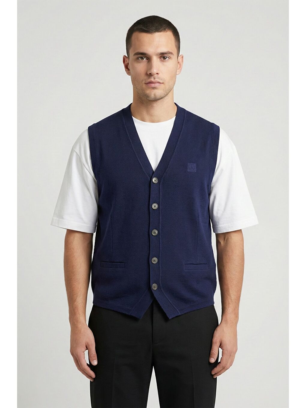 Giotelli Erkek Lacivert Standart Fit Yün Karışımlı Düğmeli Triko Süveter