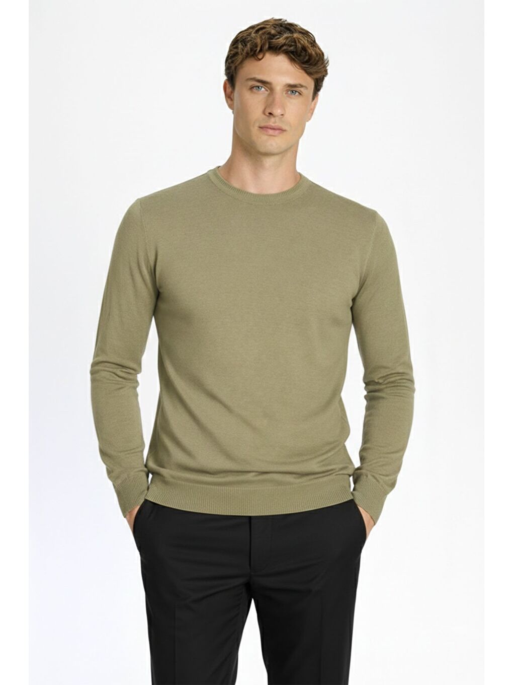 Standart Fit Açık Haki Yün Karışımlı Bisiklet Yaka Düz Desen Uzun Kol Triko Kazak-1