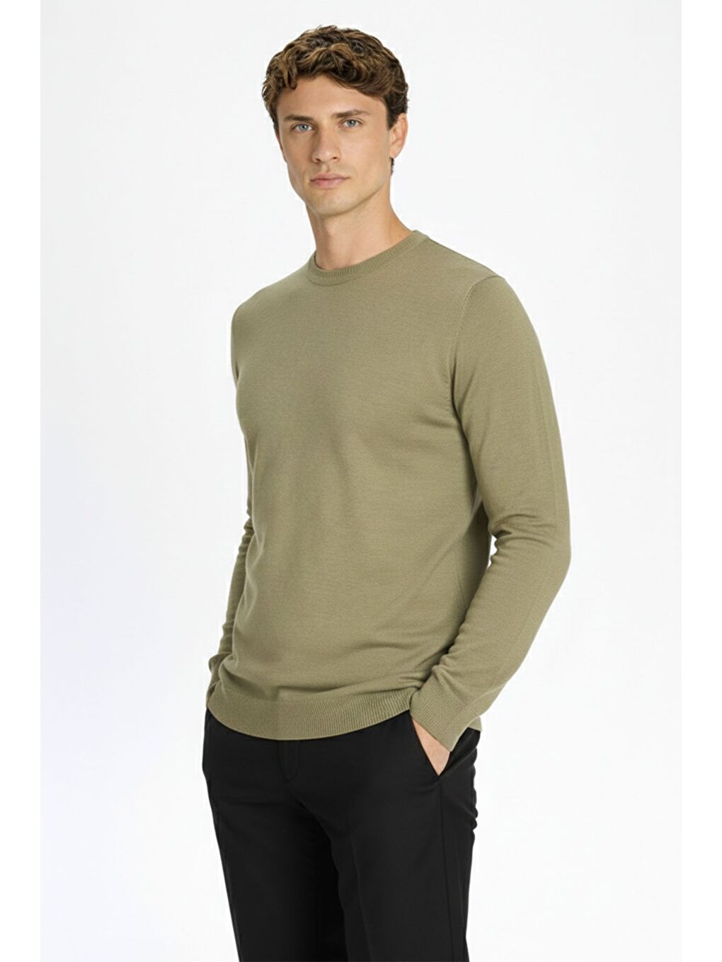 Standart Fit Açık Haki Yün Karışımlı Bisiklet Yaka Düz Desen Uzun Kol Triko Kazak-2