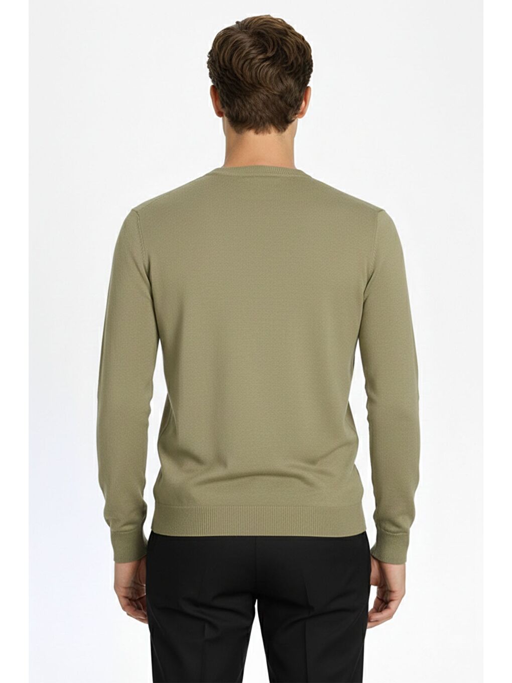 Standart Fit Açık Haki Yün Karışımlı Bisiklet Yaka Düz Desen Uzun Kol Triko Kazak-3