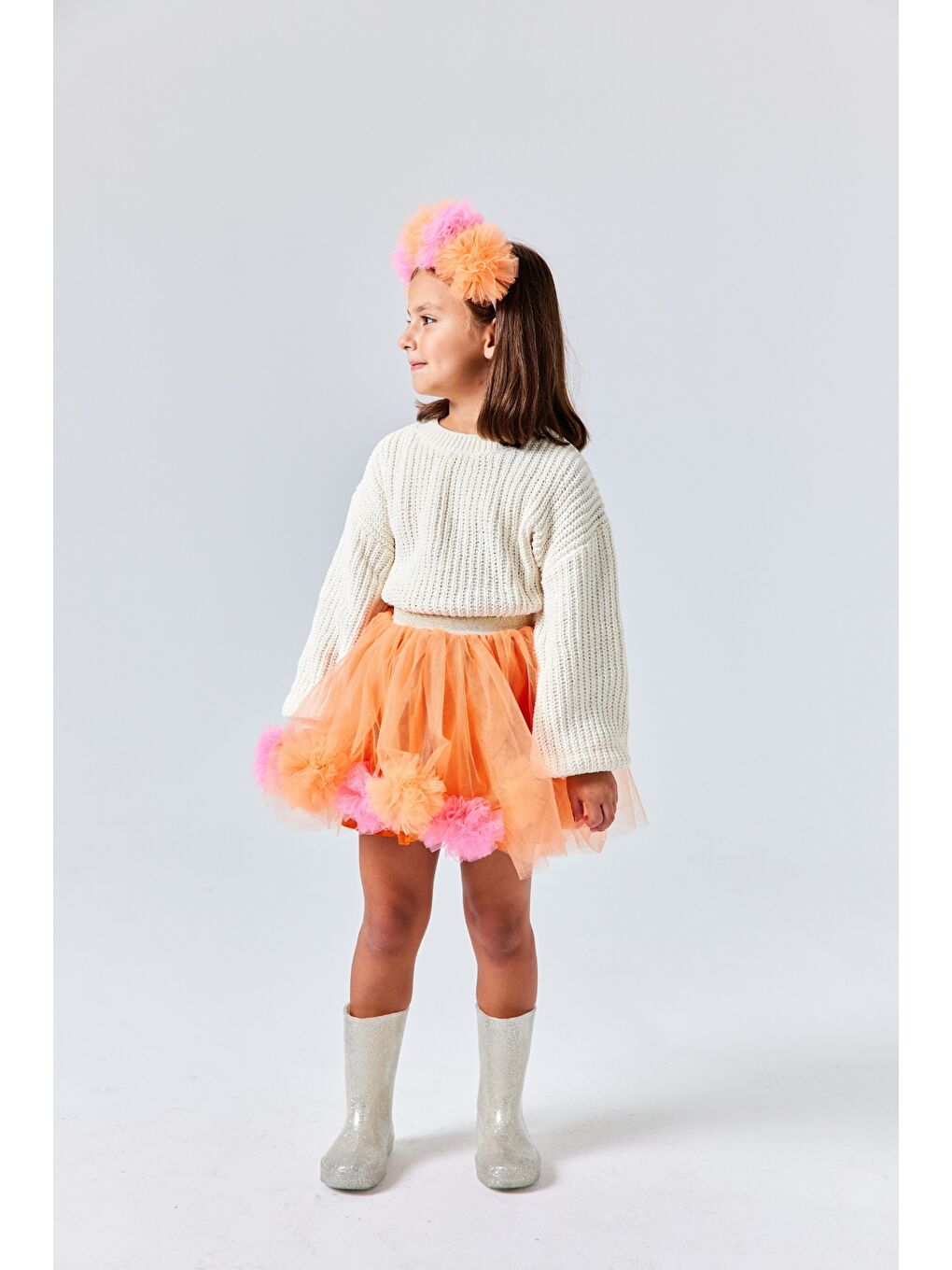 Turuncu Ponpon Detaylı Kız Çocuk Etek - Hilda-1