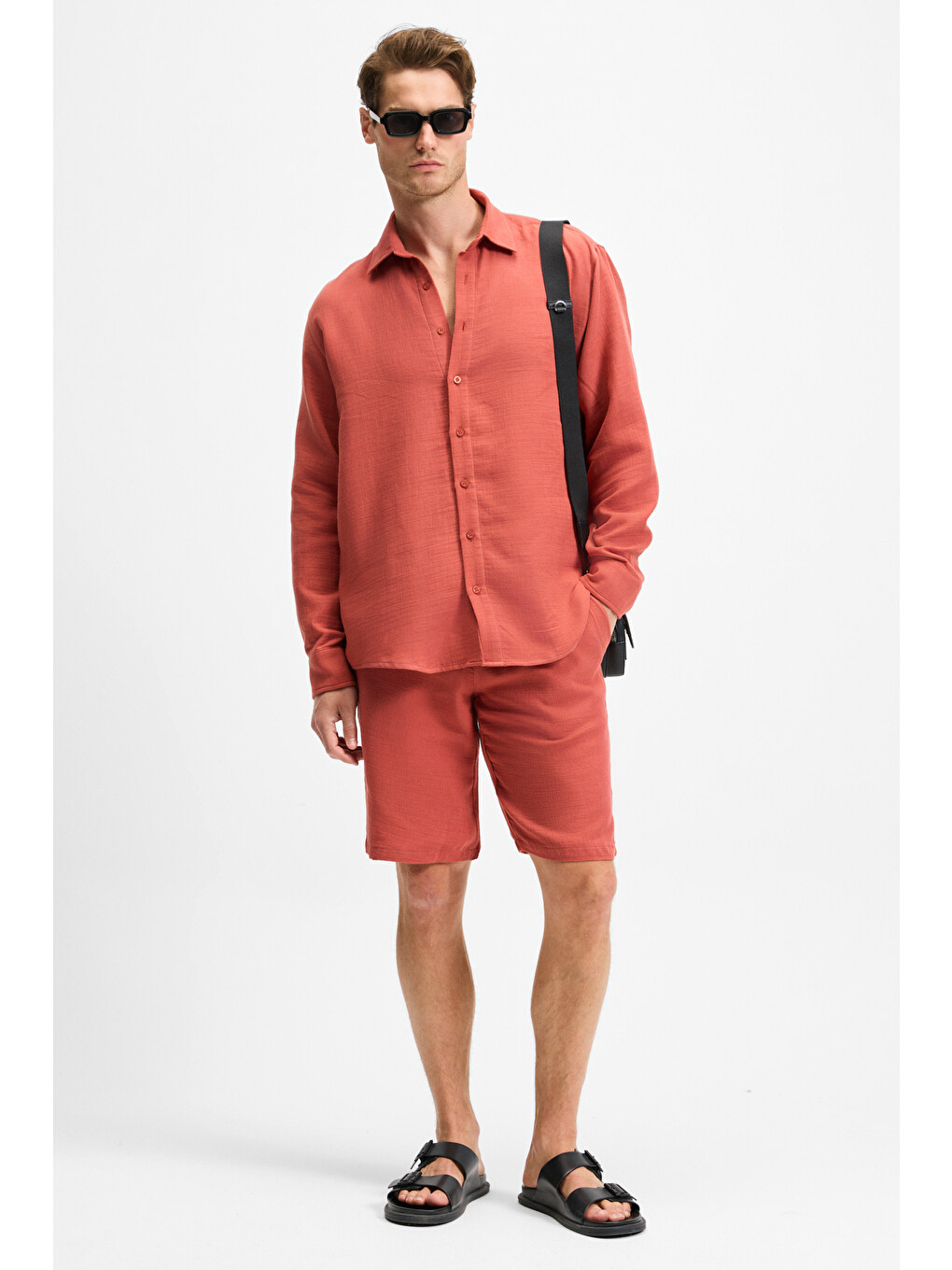 Kahverengi JENS Erkek %100 Pamuk Yanları Cepli Slim Fit Dar Kesim KİREMİT Şort