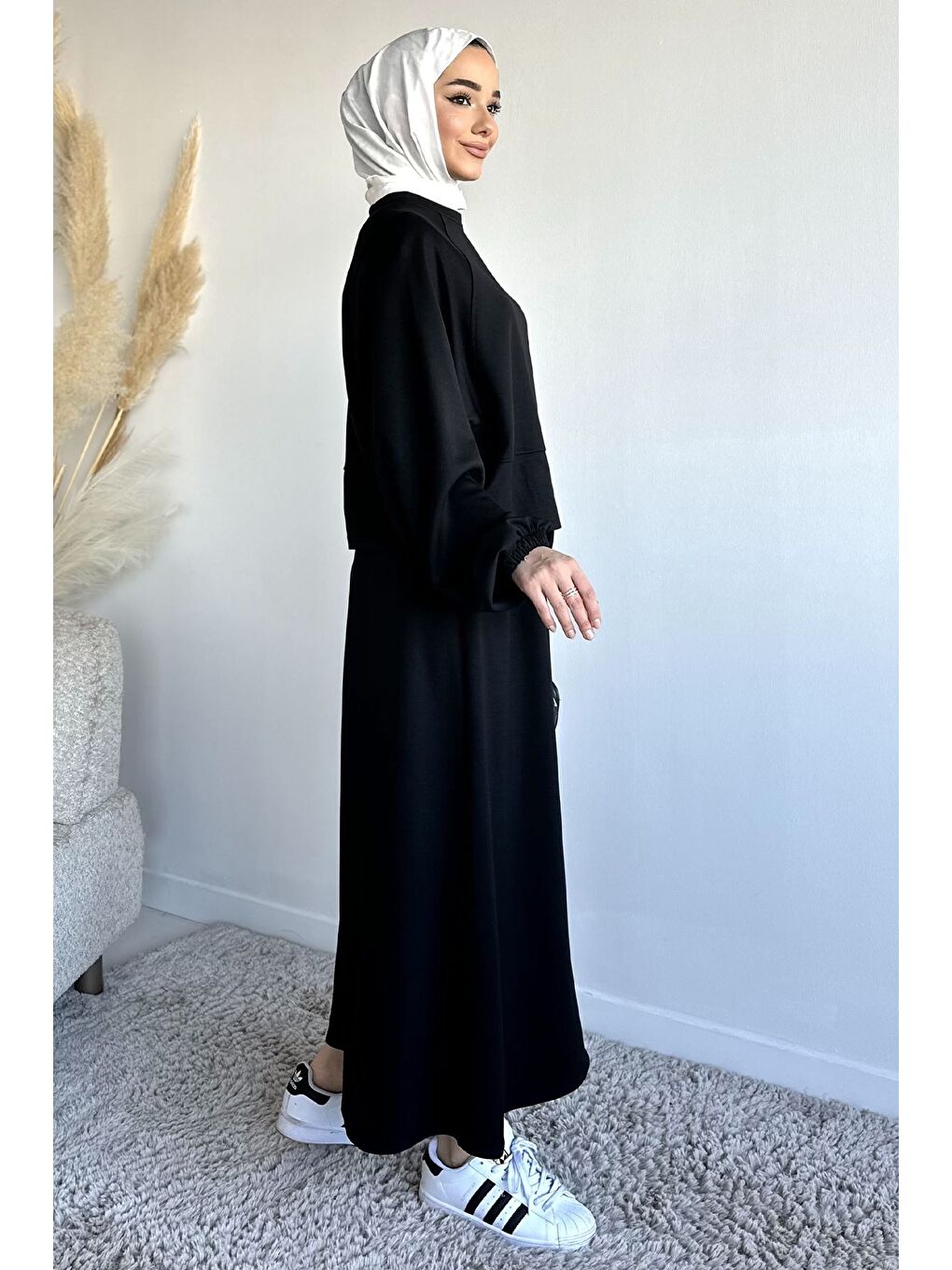 Siyah Bisiklet Yaka Bluz Bel Lastikli Etek Tesettür İkili Takım-6