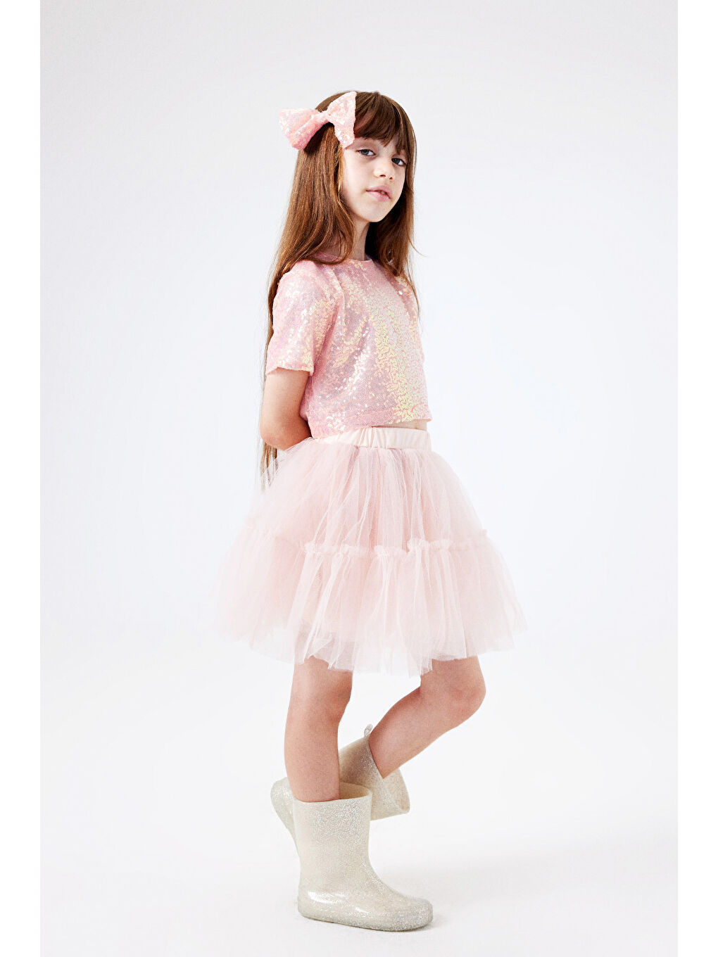 Pembe Somon Üzeri Pul Detaylı Tül Etekli İkili Takım - Freya-1