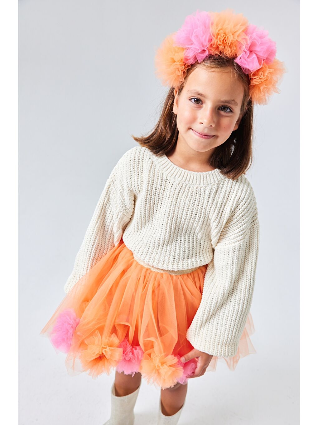 Turuncu Ponpon Detaylı Kız Çocuk Etek - Hilda-2