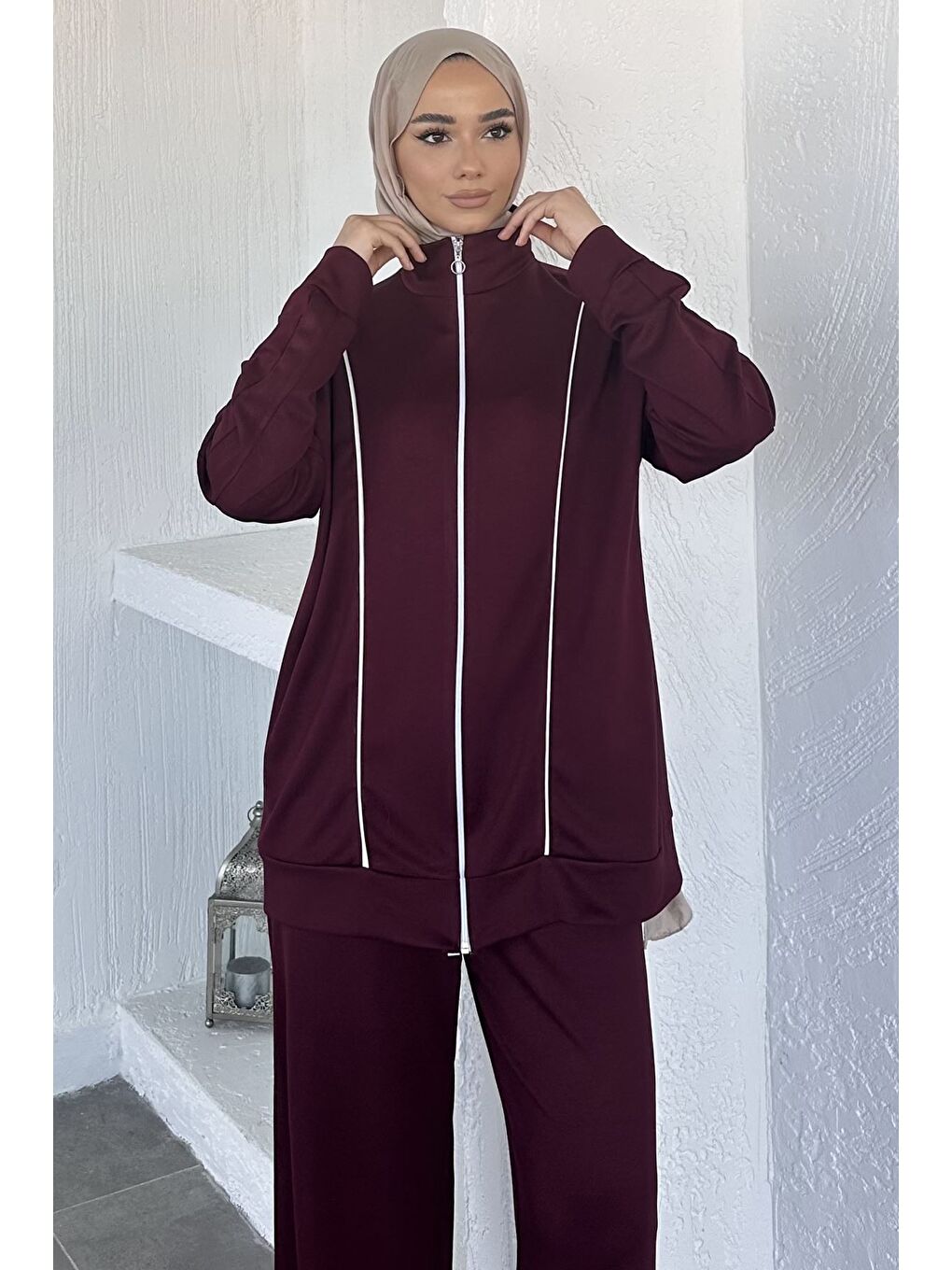 Bordo Ön Fermuarlı Şeritli Tunik Bel Lastikli Pantolon Tesettür İkili Takım-3