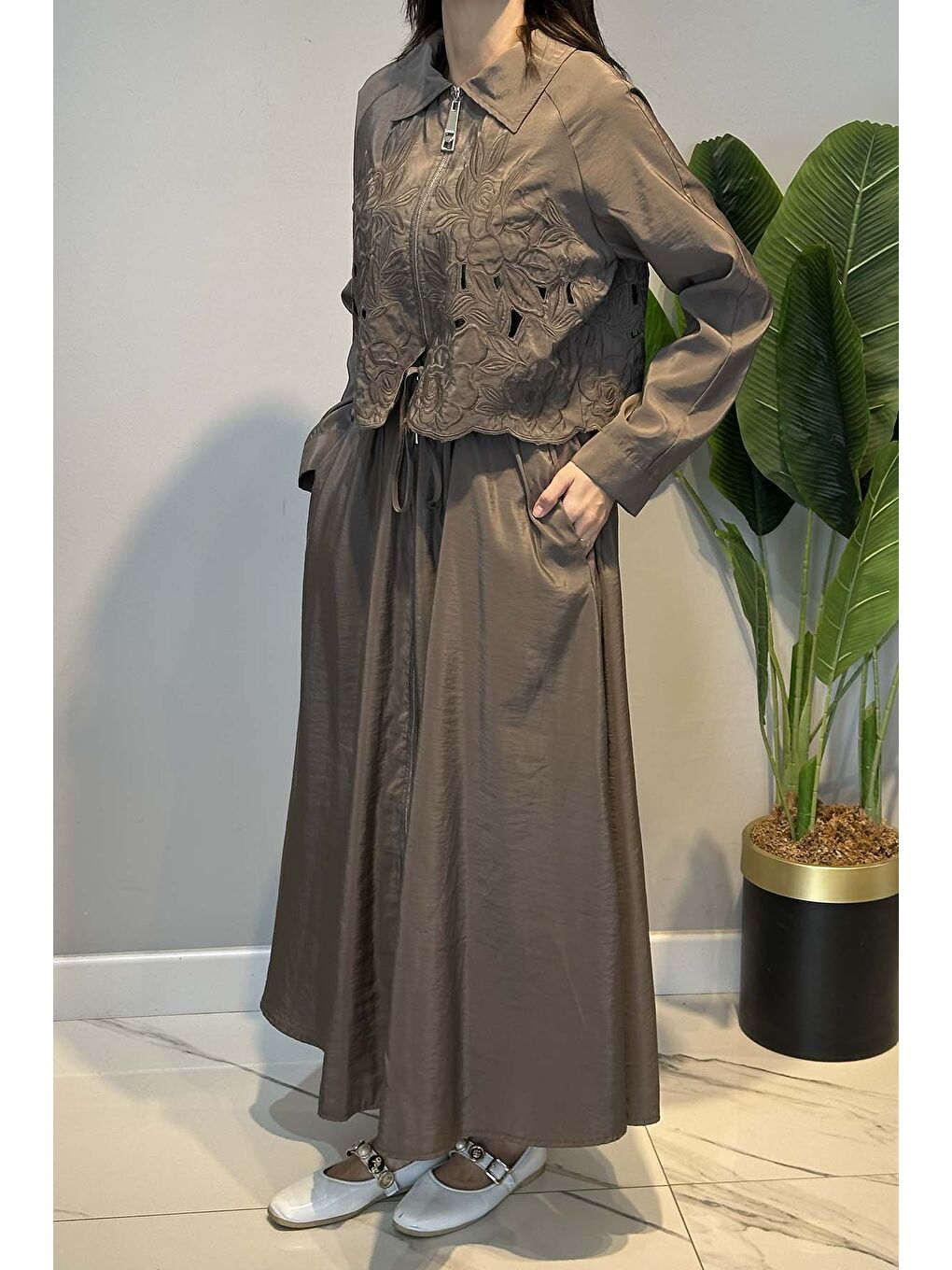 Grace Cut Elbise 5195 Açık Kahverengi-4