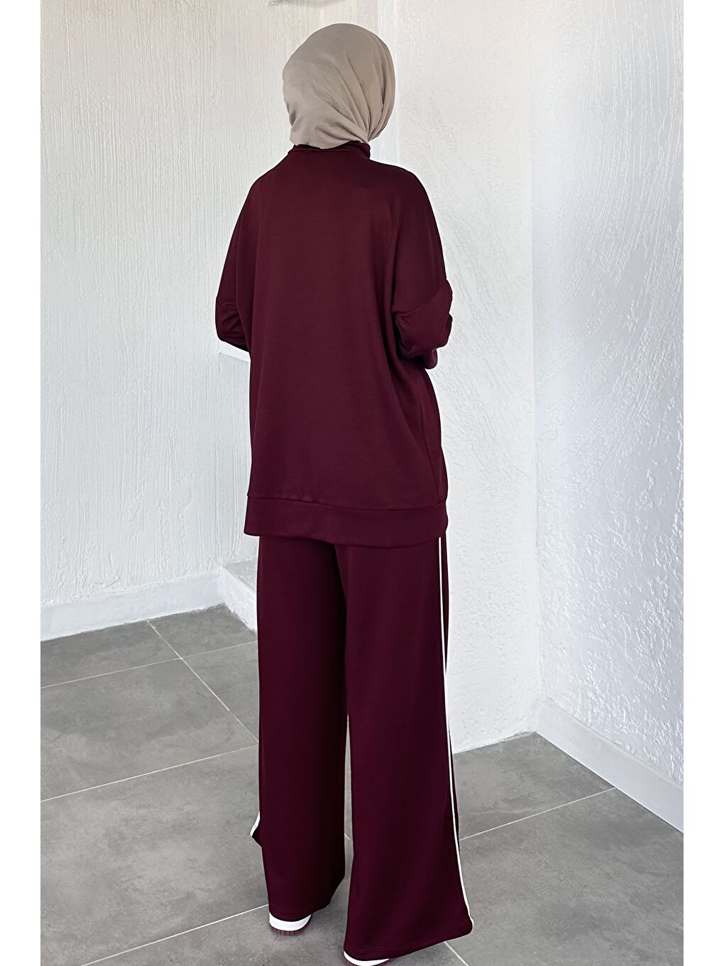 Bordo Ön Fermuarlı Şeritli Tunik Bel Lastikli Pantolon Tesettür İkili Takım-4