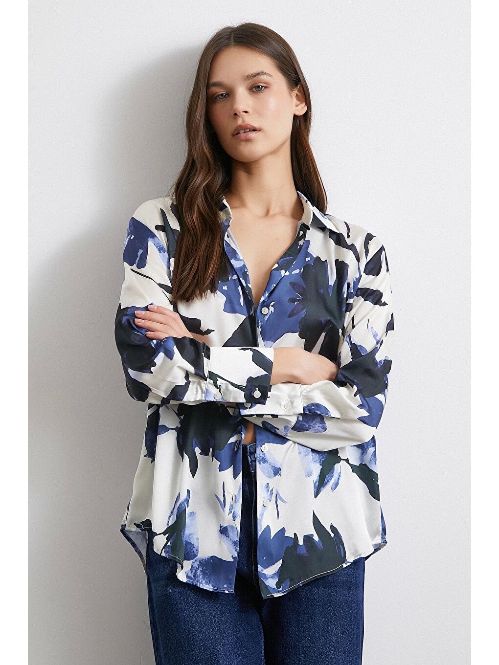 Saten Yüzeyli Desenli Gömlek Lacivert-4