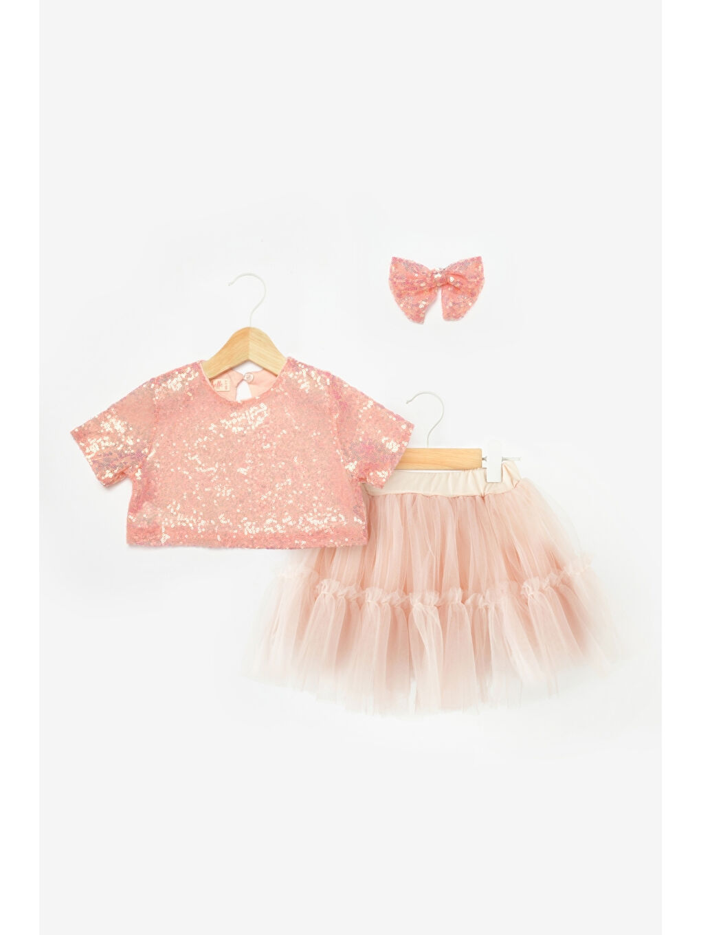 Pembe Somon Üzeri Pul Detaylı Tül Etekli İkili Takım - Freya-3