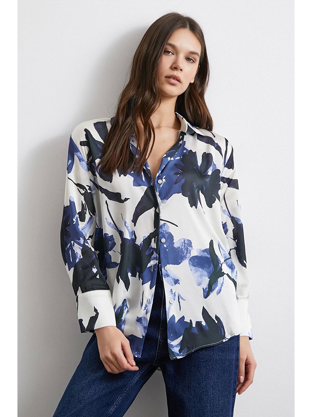 Saten Yüzeyli Desenli Gömlek Lacivert-5