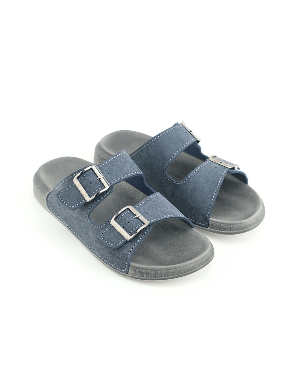 Lacivert Erkek Yazlık Suni Deri İki Toka Ayarlanabilir Rahat Taban Günlük Terlik-2