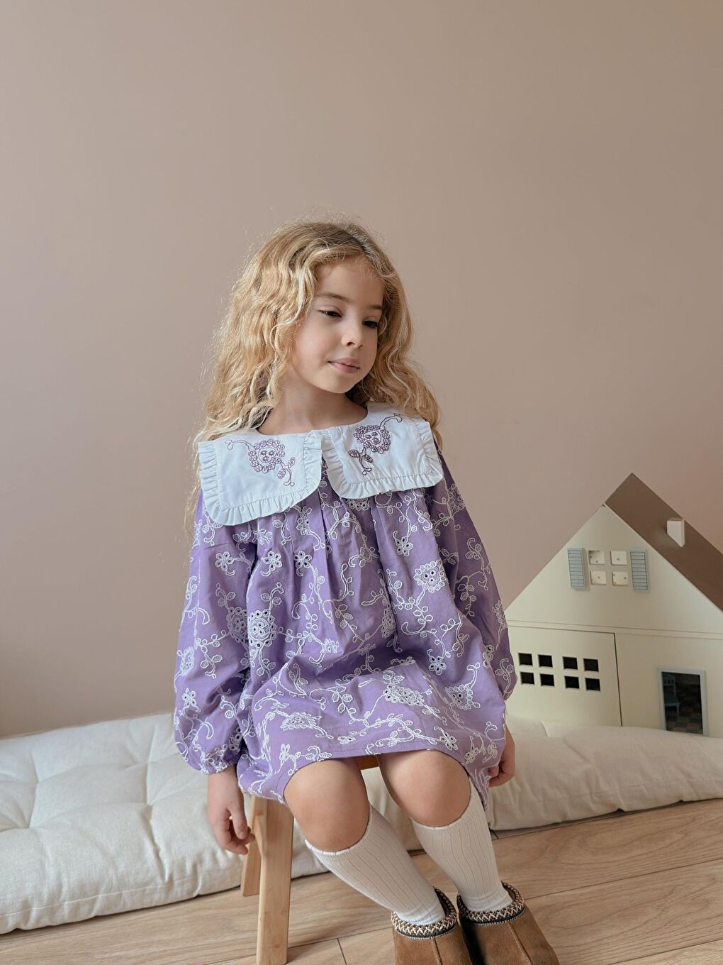 Mor Kız Çocuk Yaka Nakışlı Astarlı Keten Elbise