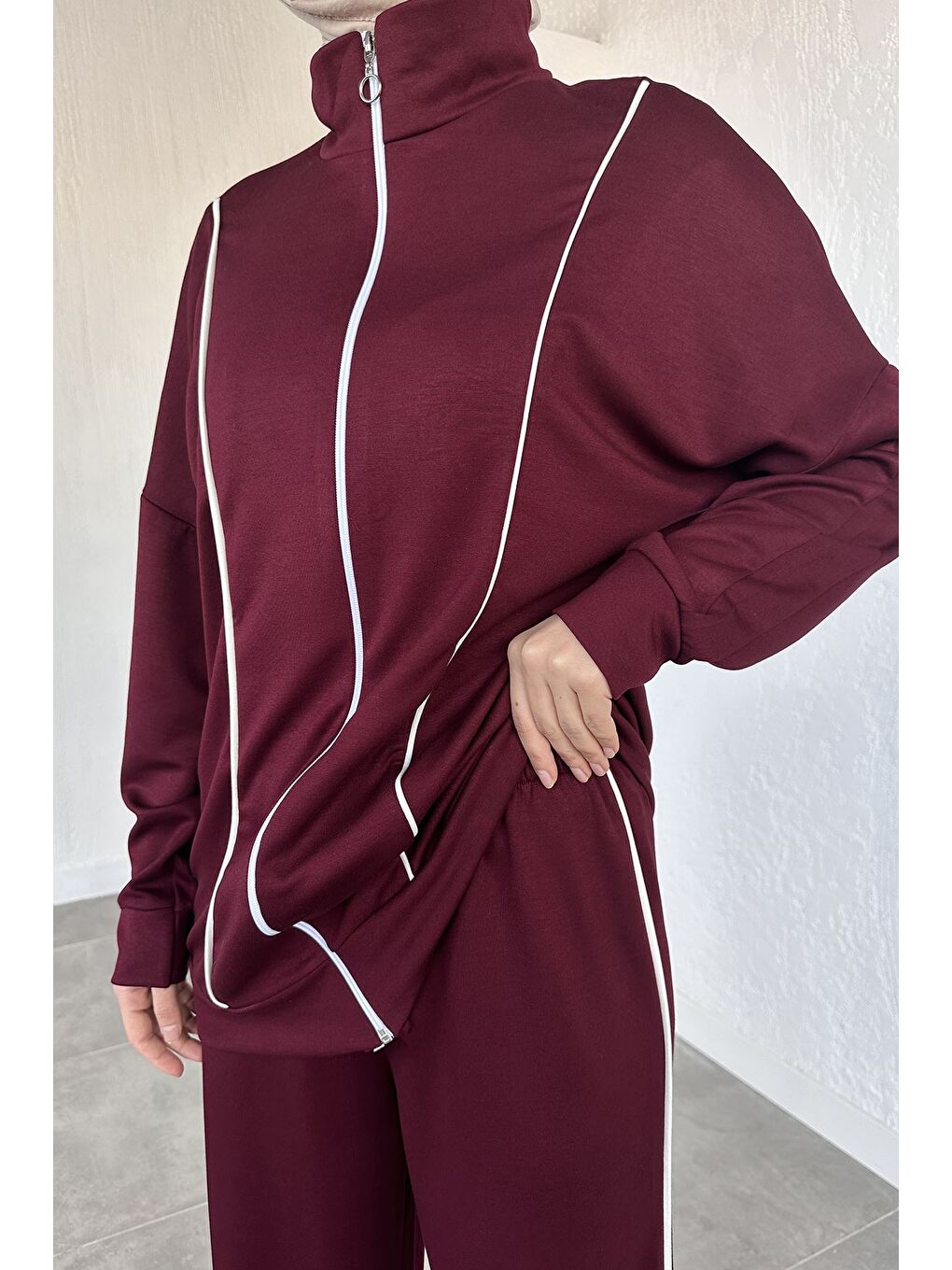 Bordo Ön Fermuarlı Şeritli Tunik Bel Lastikli Pantolon Tesettür İkili Takım-6