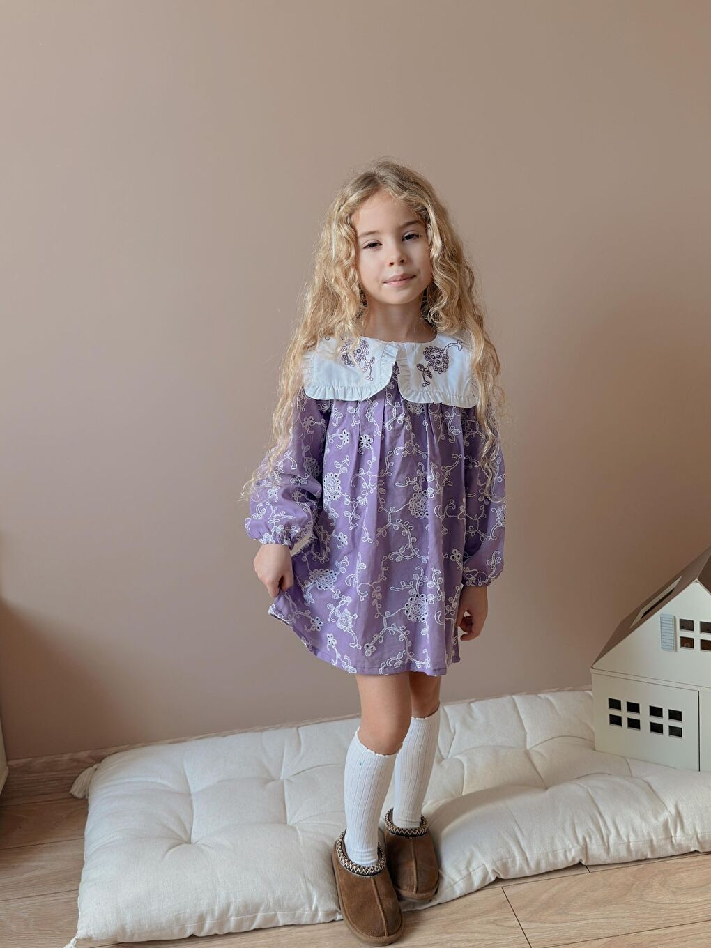 Mor Kız Çocuk Yaka Nakışlı Astarlı Keten Elbise-1