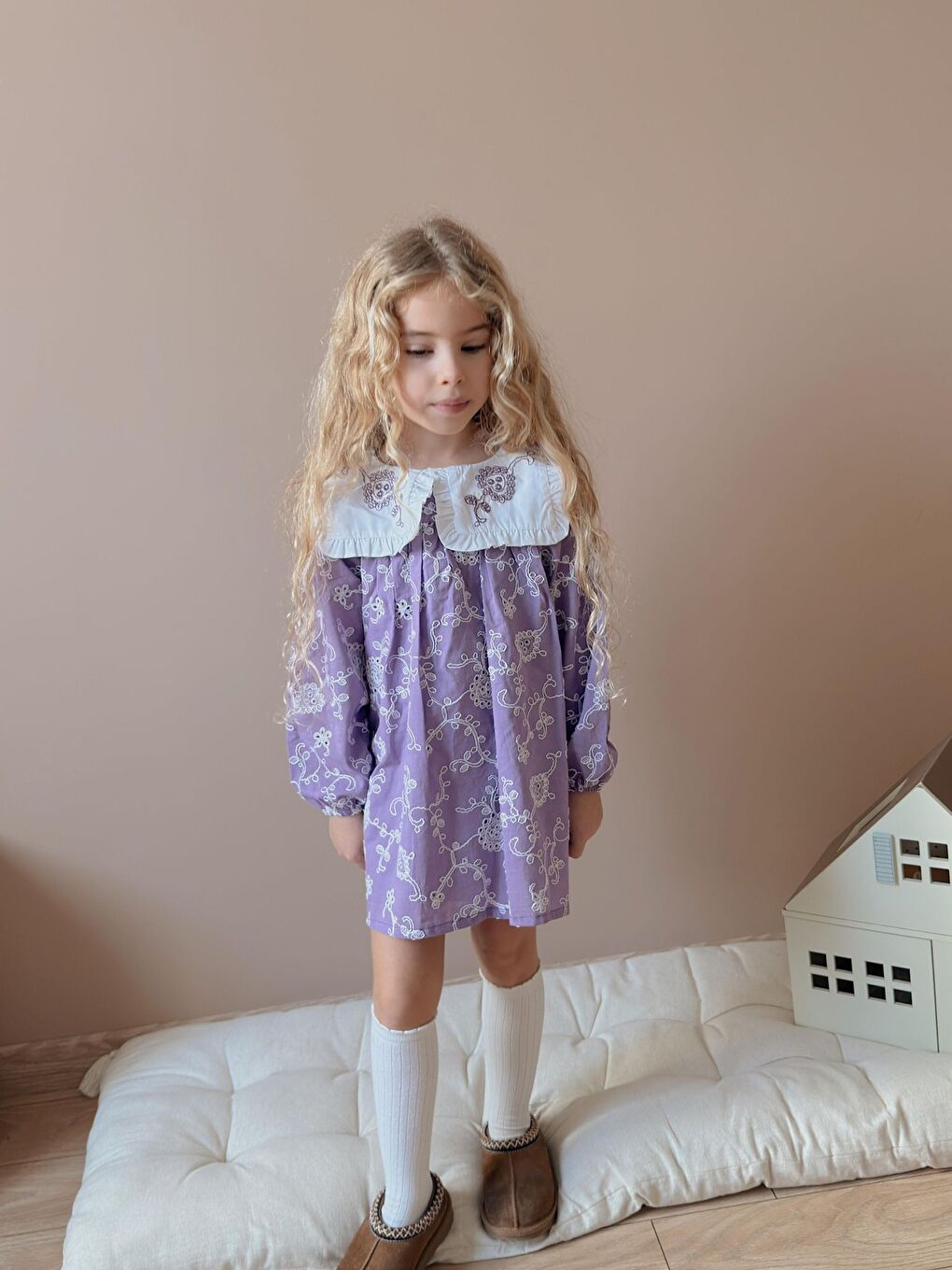 Mor Kız Çocuk Yaka Nakışlı Astarlı Keten Elbise-2