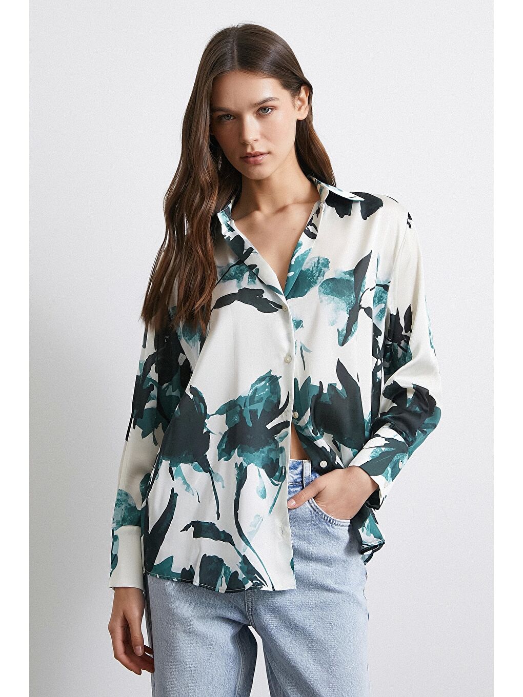 Saten Yüzeyli Desenli Gömlek Yeşil-2