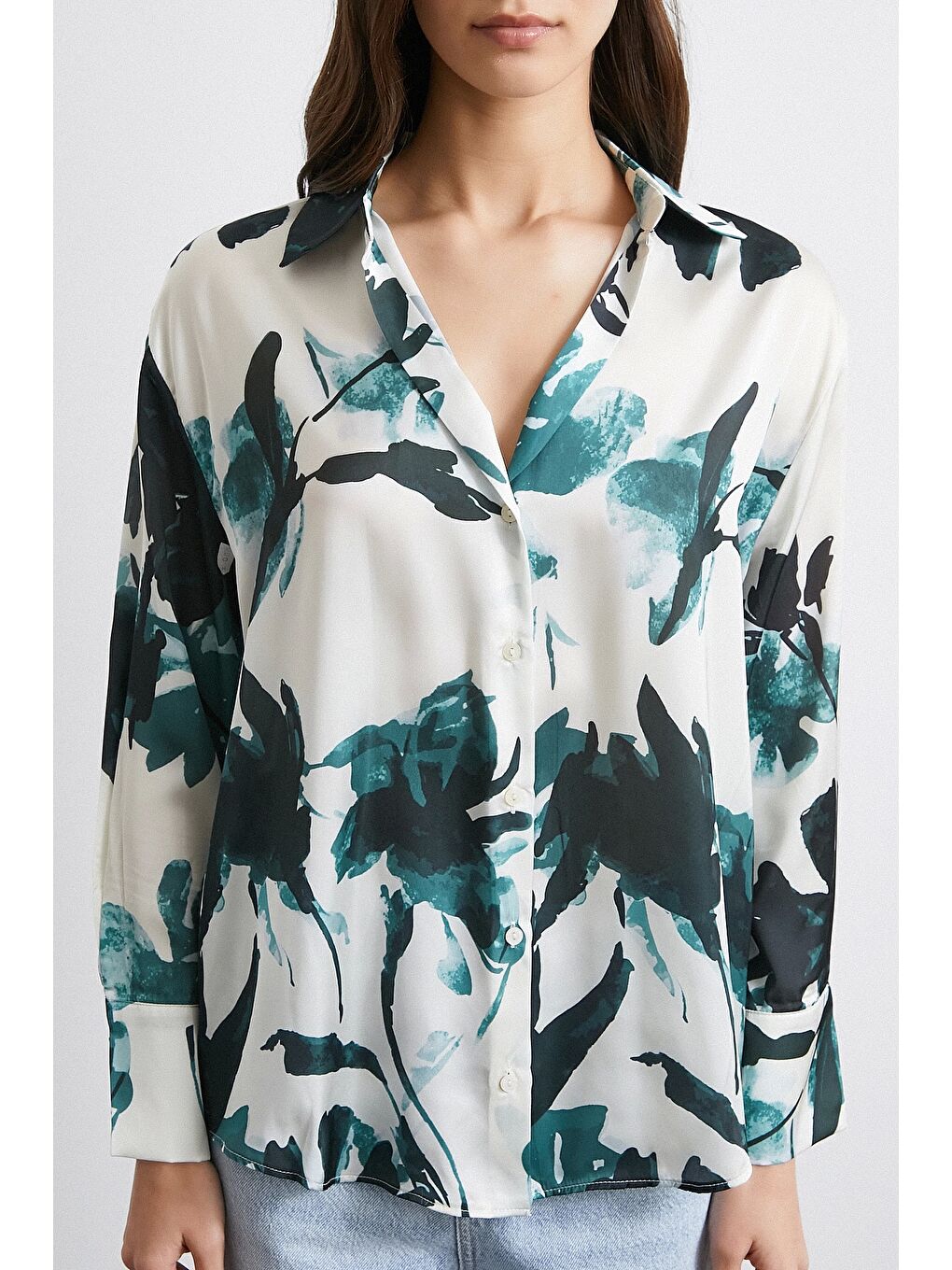 Saten Yüzeyli Desenli Gömlek Yeşil-3