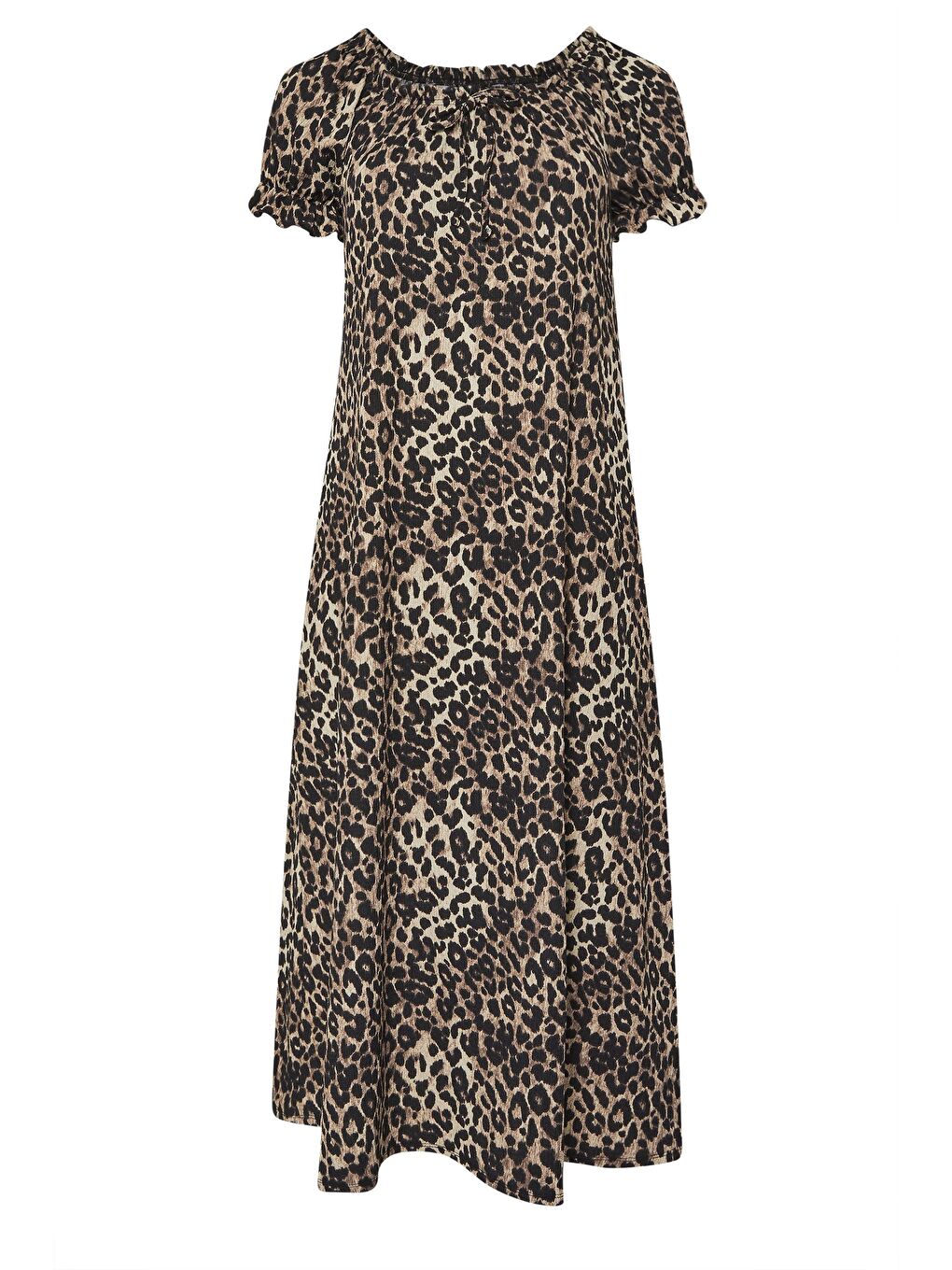 Kahverengi Büyük Beden Kısa Kollu Leopar Desenli Yakası Büzgülü Maxi Elbise 270296-5