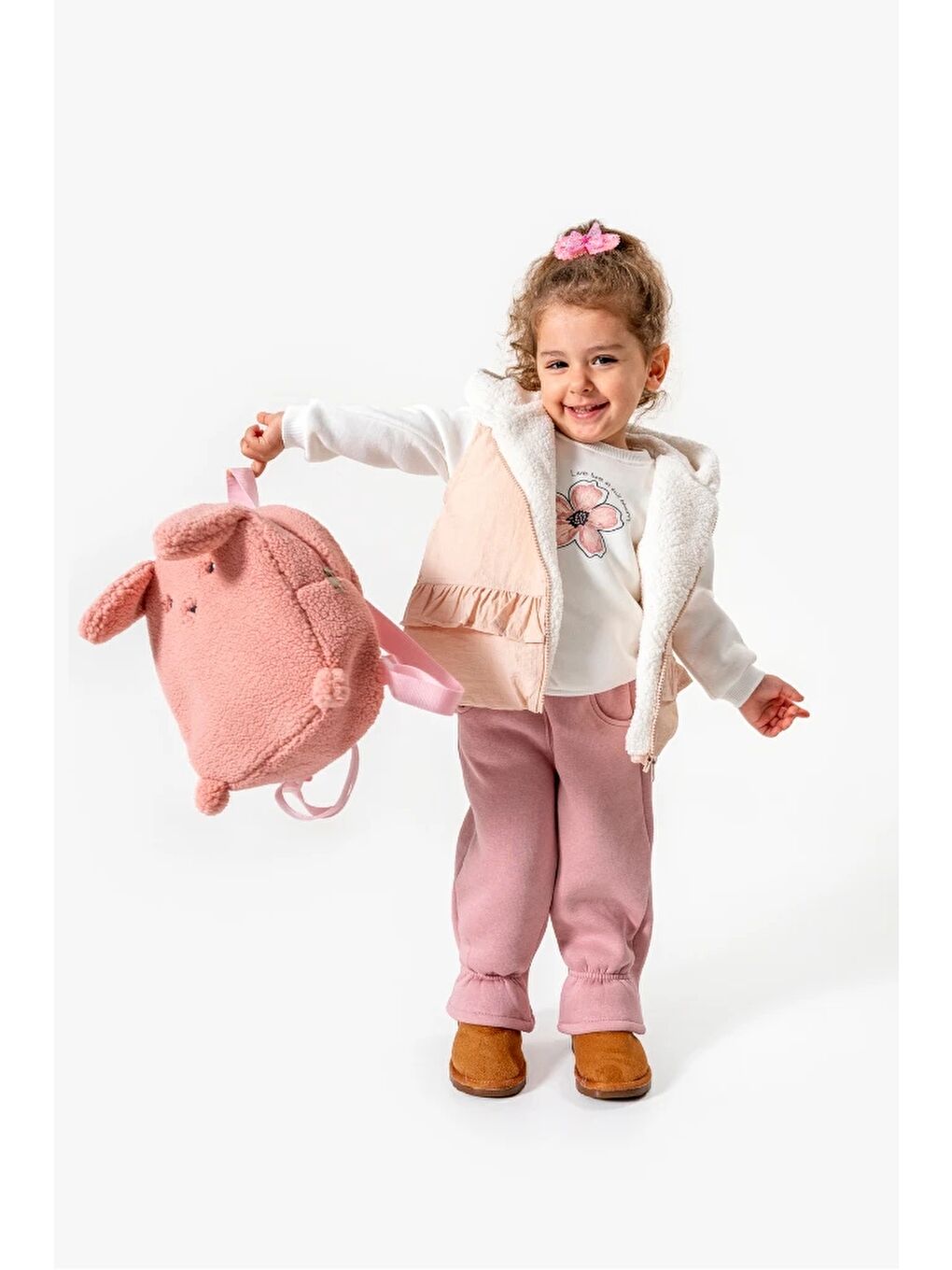 Pembe Fırfırlı Yelekli Çiçek Baskılı 3’lü Bebek Takımı 8172