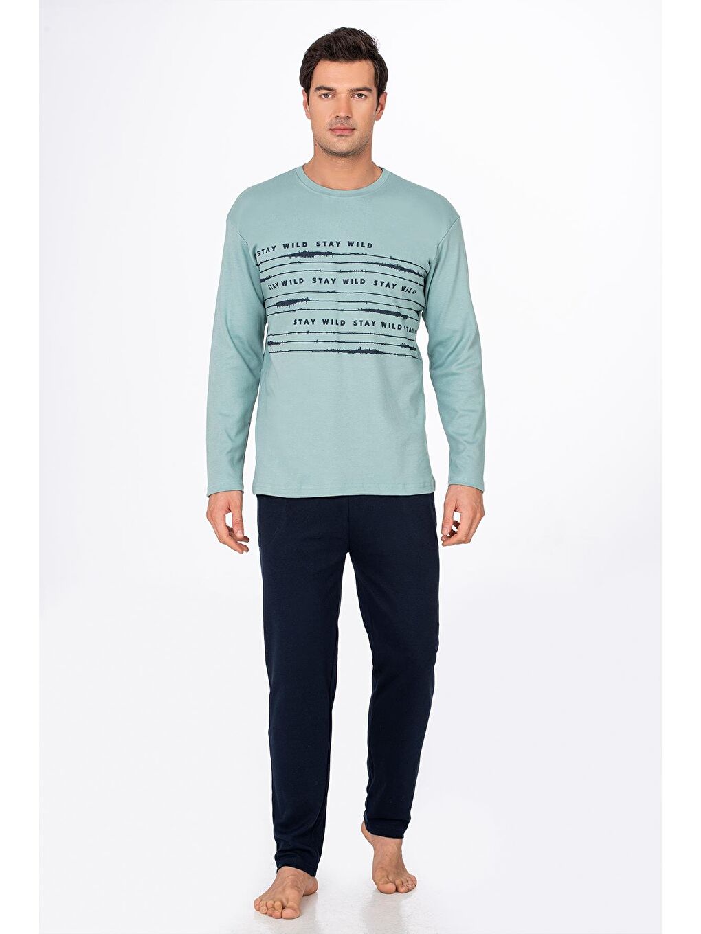 Turkuaz Erkek Stay Wild Baskılı Pamuklu Pijama Takımı | Su Yeşili 028
