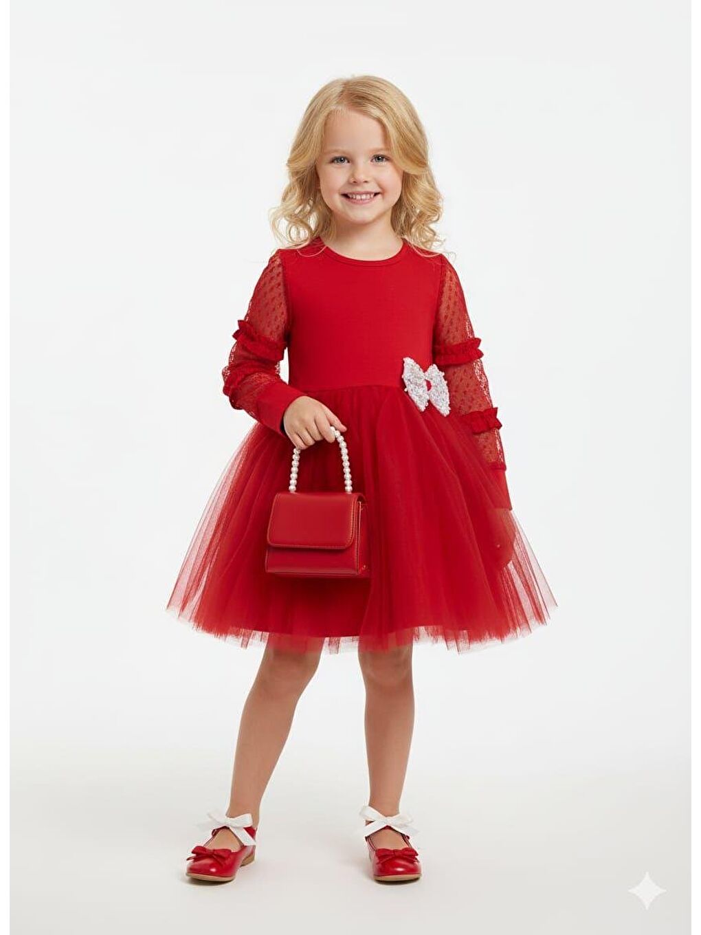 Kız Çocuk Pamuklu Kırmızı Tüllü Kabarık Elbise - Tül Kol Volan Detaylı Fiyonk Aplikeli