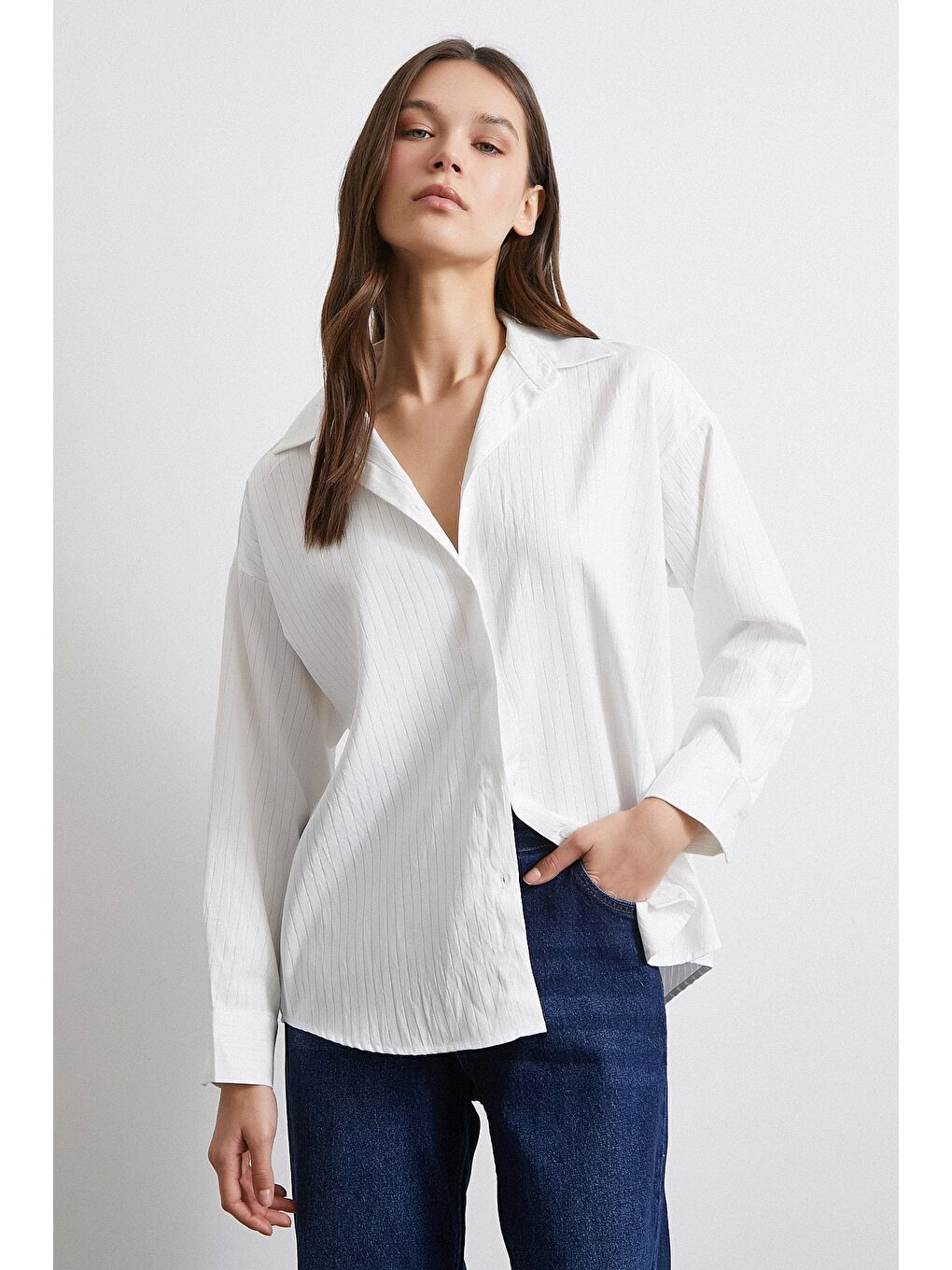 Diagonal Desen Gömlek Beyaz