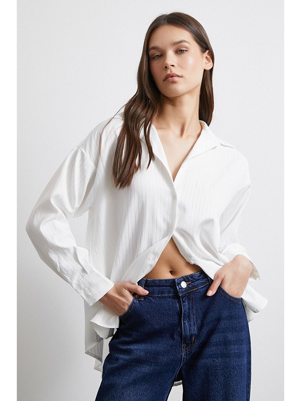 Diagonal Desen Gömlek Beyaz-1