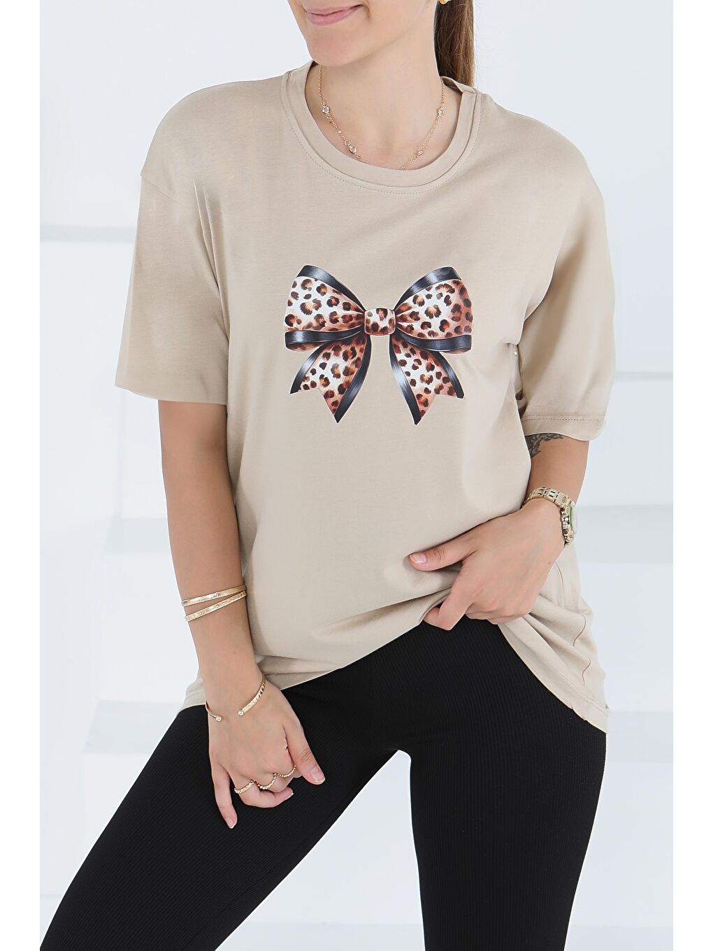 Baskılı Kısa Kollu T-Şhirt Bej - 27501