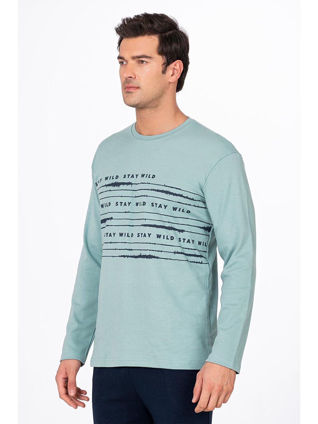 Turkuaz Erkek Stay Wild Baskılı Pamuklu Pijama Takımı | Su Yeşili 028-2